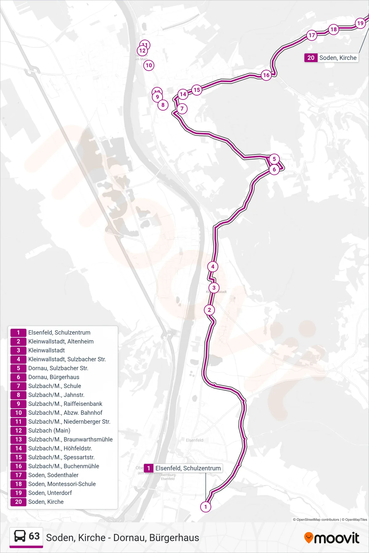 Linie 63 (Bus) Richtung Soden: Route und Haltestellen auf der Karte