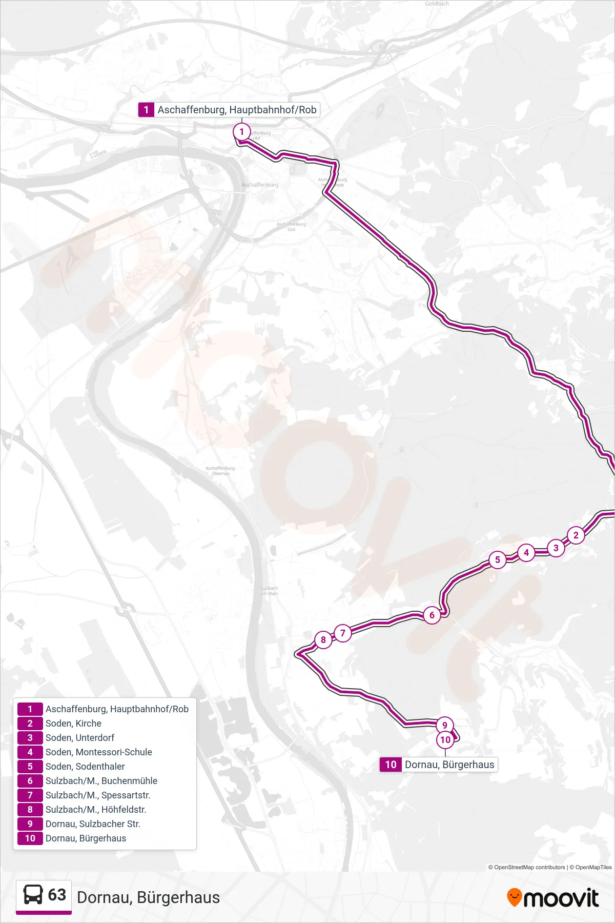 63 bus Line (Dornau, Bürgerhaus) route and stops on a map