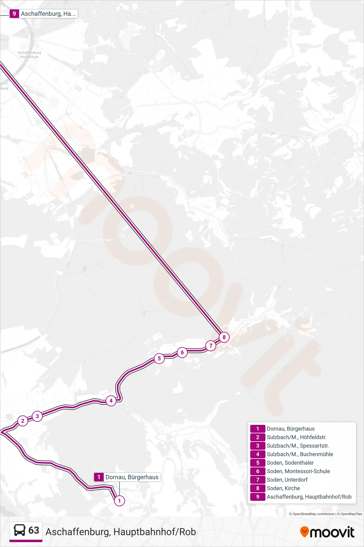 Linie 63 (Bus) Richtung Aschaffenburg, Hauptbahnhof/Rob: Route und Haltestellen auf der Karte