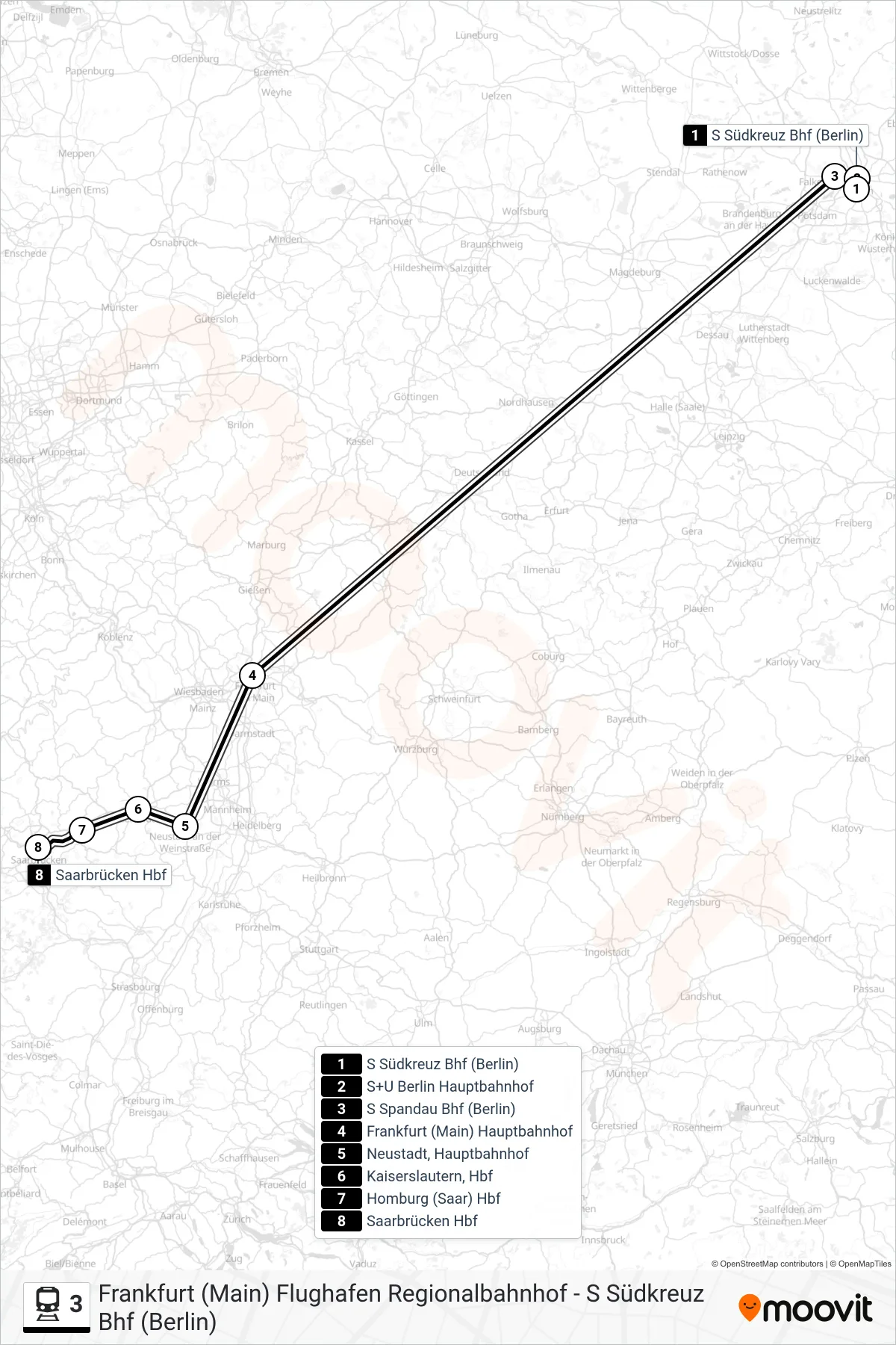 3 train Line (Saarbrücken Hbf) route and stops on a map