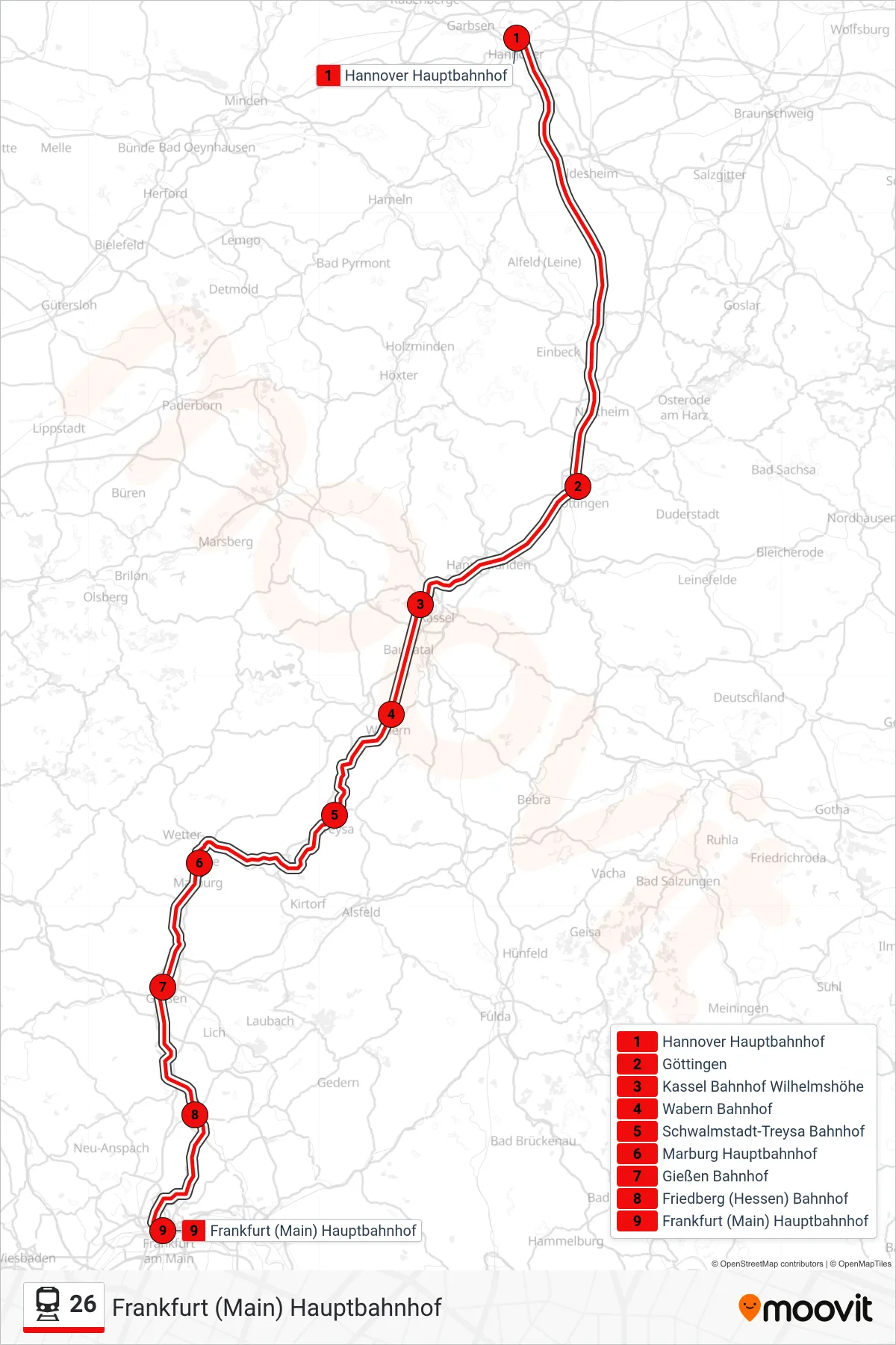 26 train Line (Frankfurt (Main) Hauptbahnhof) route and stops on a map