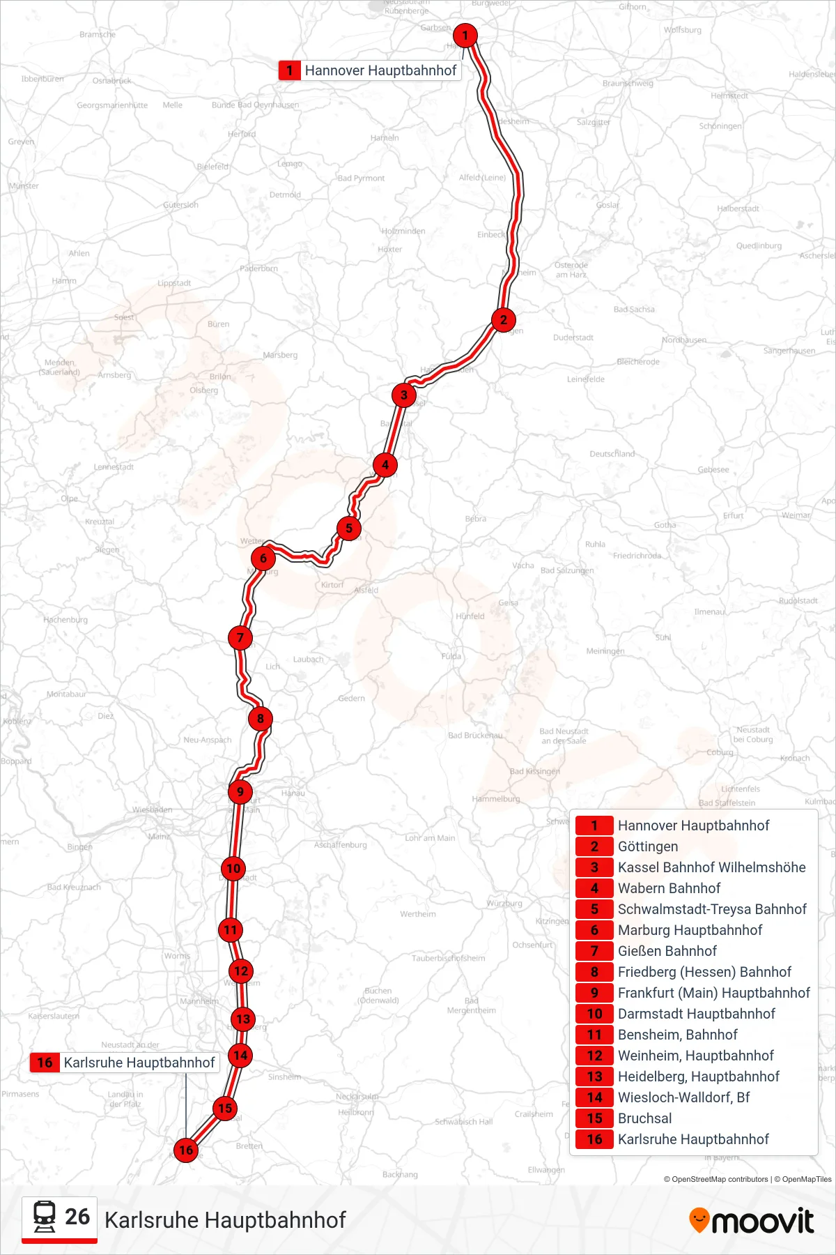 Linie 26 (Bahn) Richtung Karlsruhe Hauptbahnhof: Route und Haltestellen auf der Karte