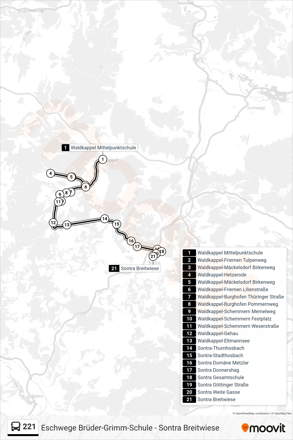 221 bus Line (Sontra) route and stops on a map