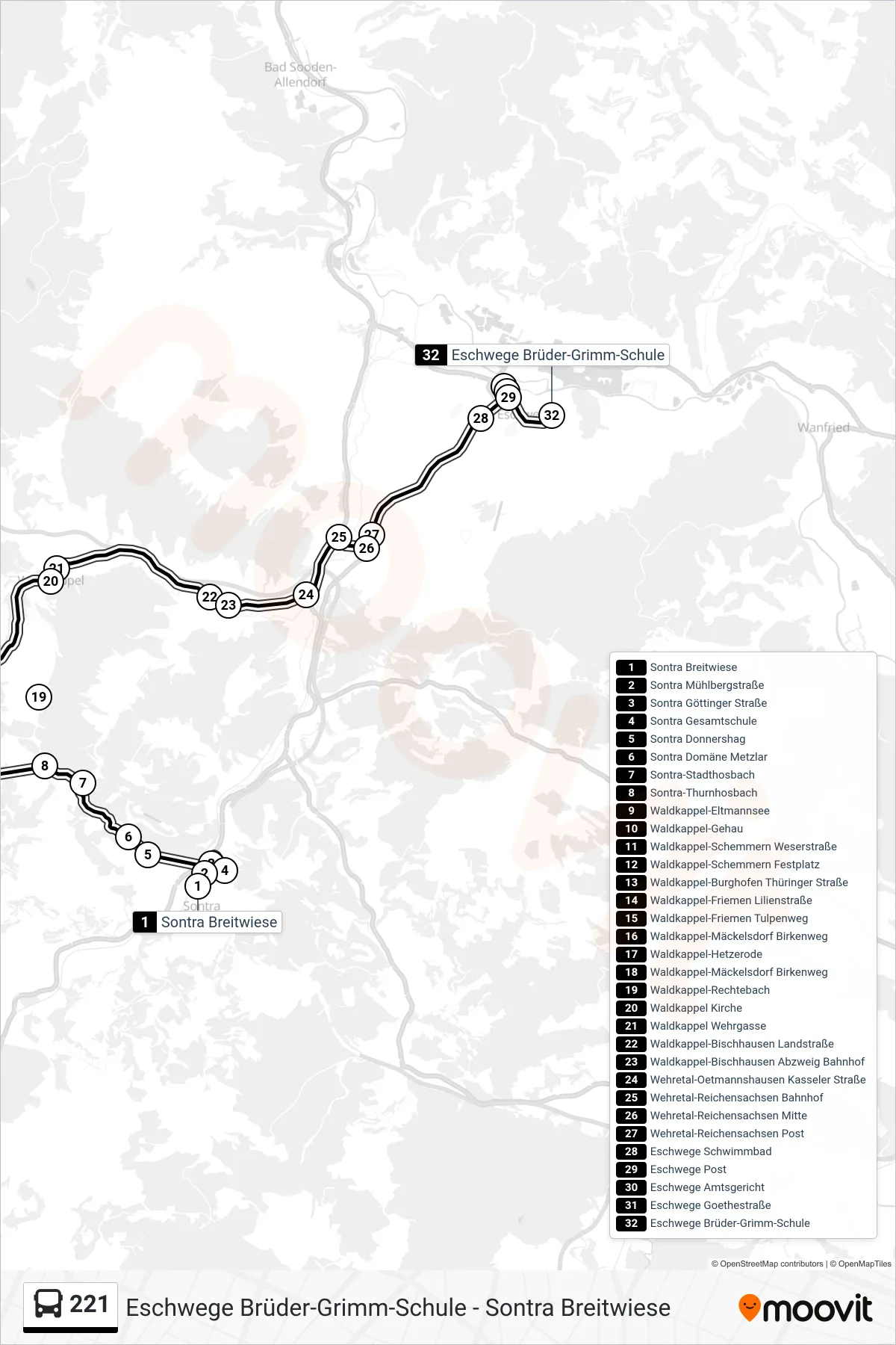 221 bus Line (Brüder-Grimm-Schule) route and stops on a map