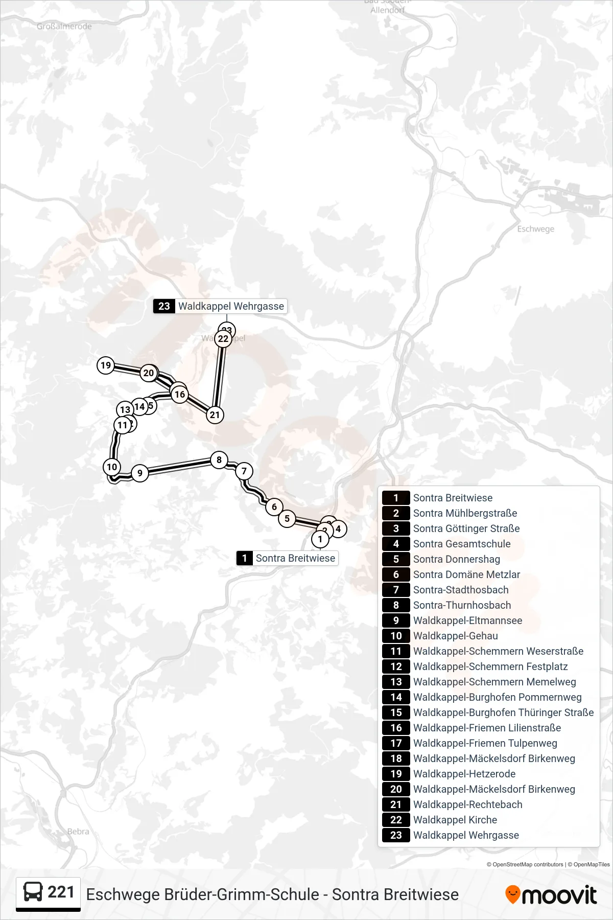 221 bus Line (Waldkappel Wehrgasse) route and stops on a map
