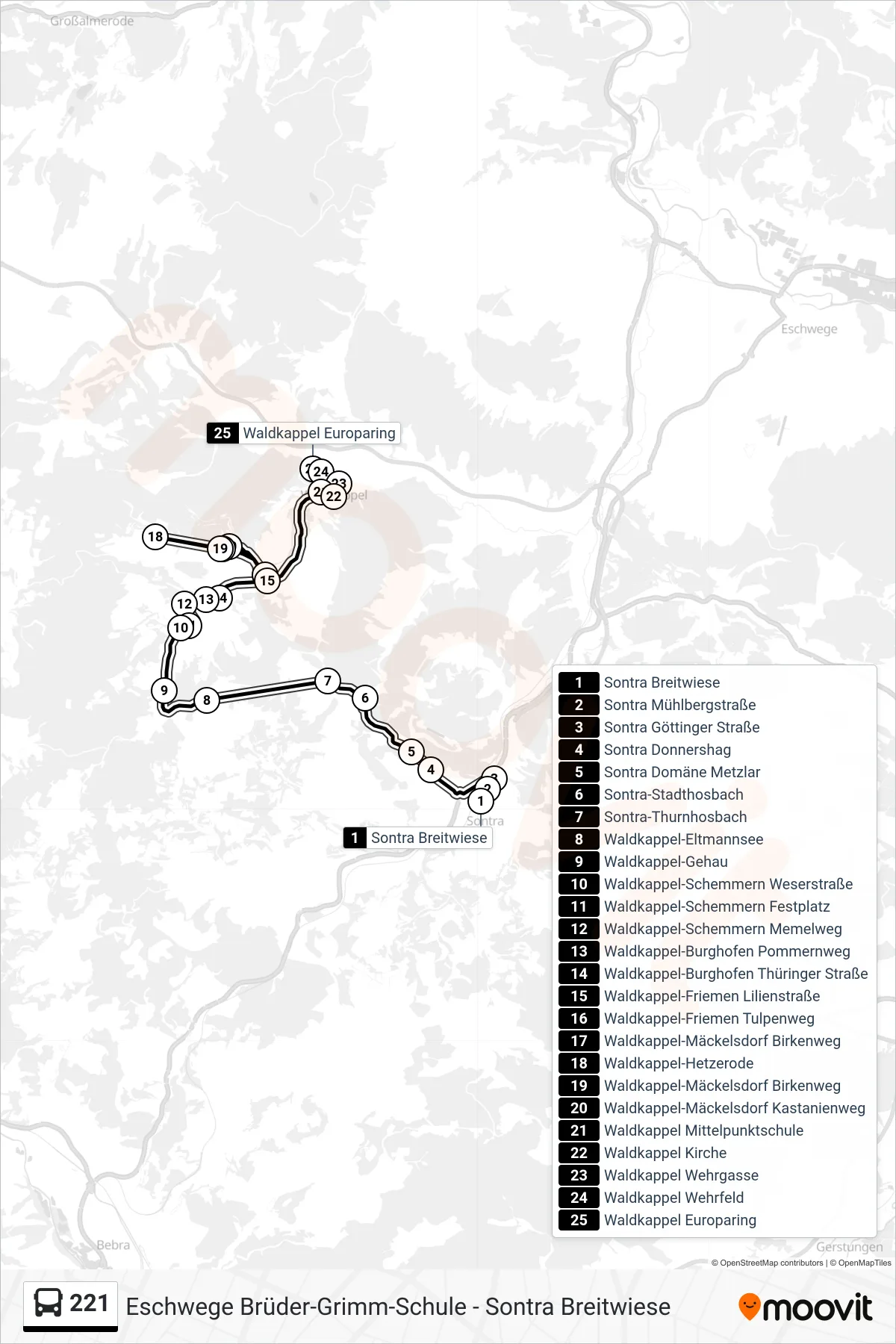 221 bus Line (Waldkappel Europaring) route and stops on a map