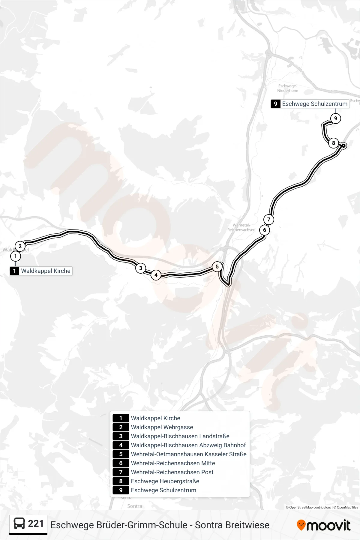 221 bus Line (Eschwege Schulzentrum) route and stops on a map