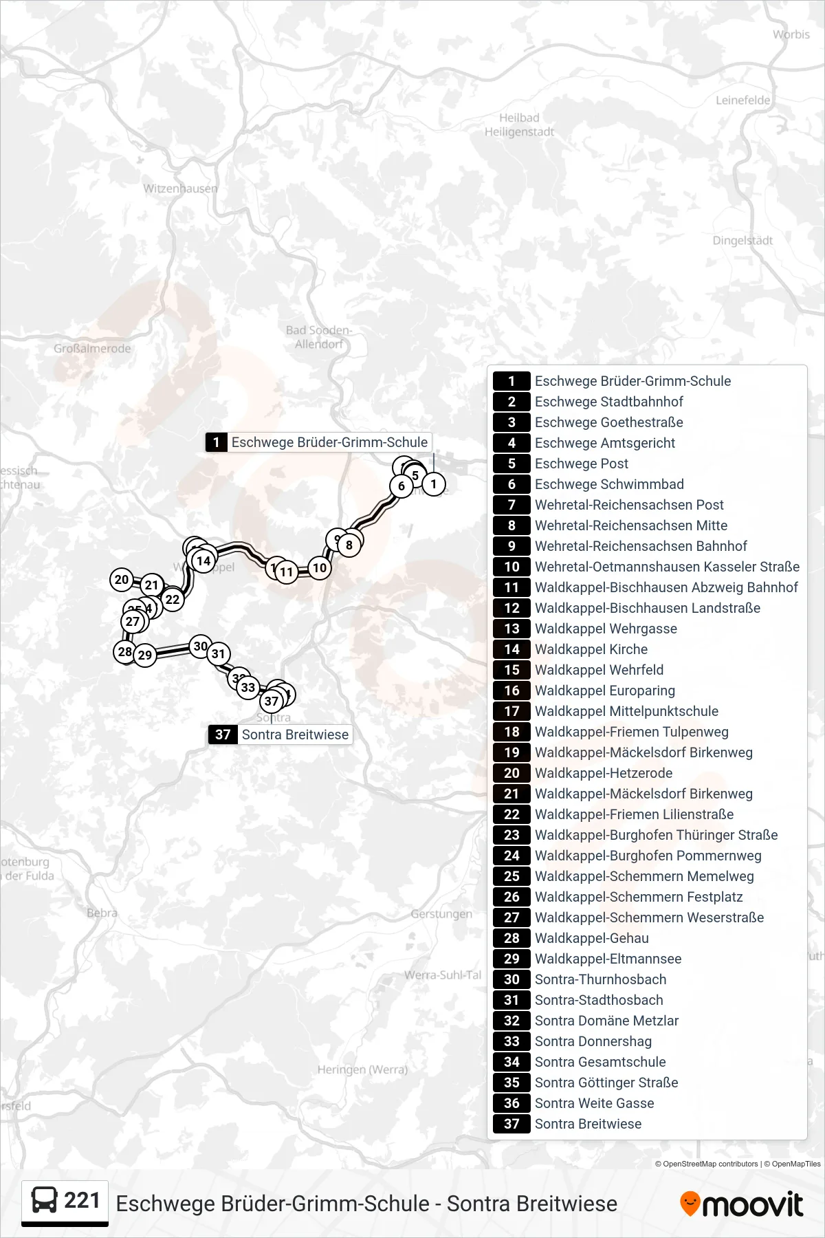 221 bus Line (Sontra Breitwiese) route and stops on a map