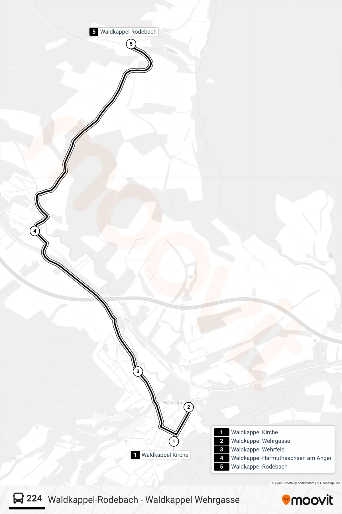 224 bus Line (Rodebach) route and stops on a map