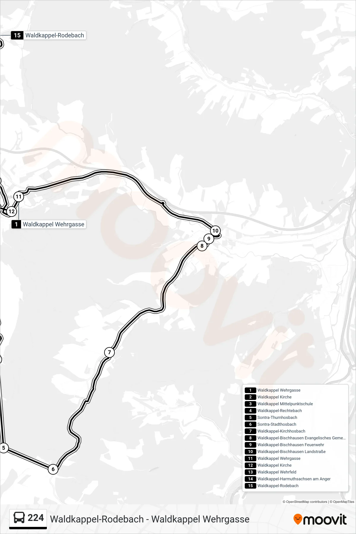 224 bus Line (Waldkappel-Rodebach) route and stops on a map