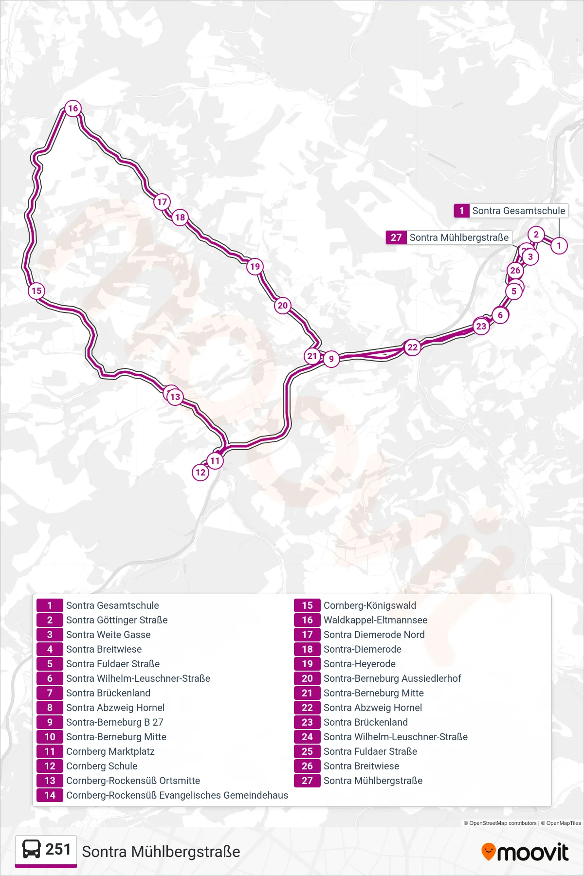 251 bus Line (Sontra Mühlbergstraße) route and stops on a map