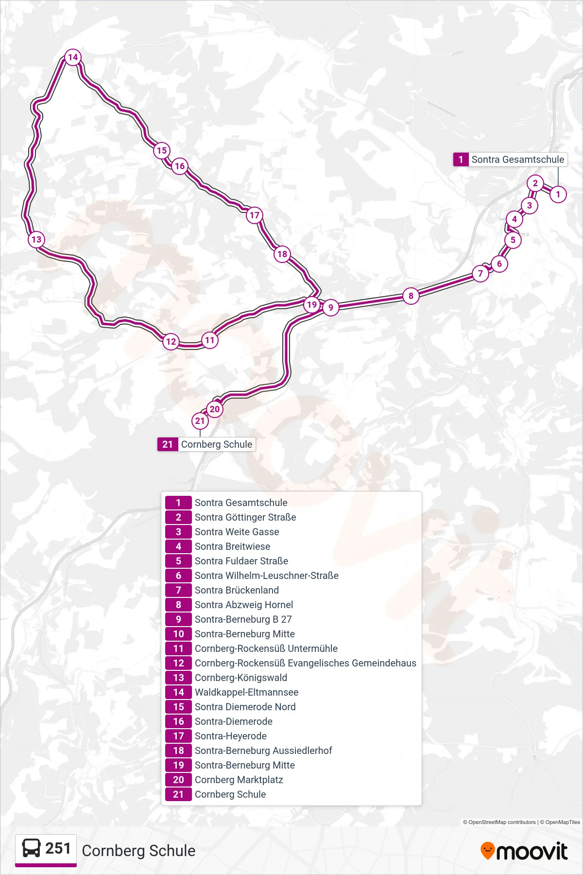 251 bus Line (Cornberg Schule) route and stops on a map