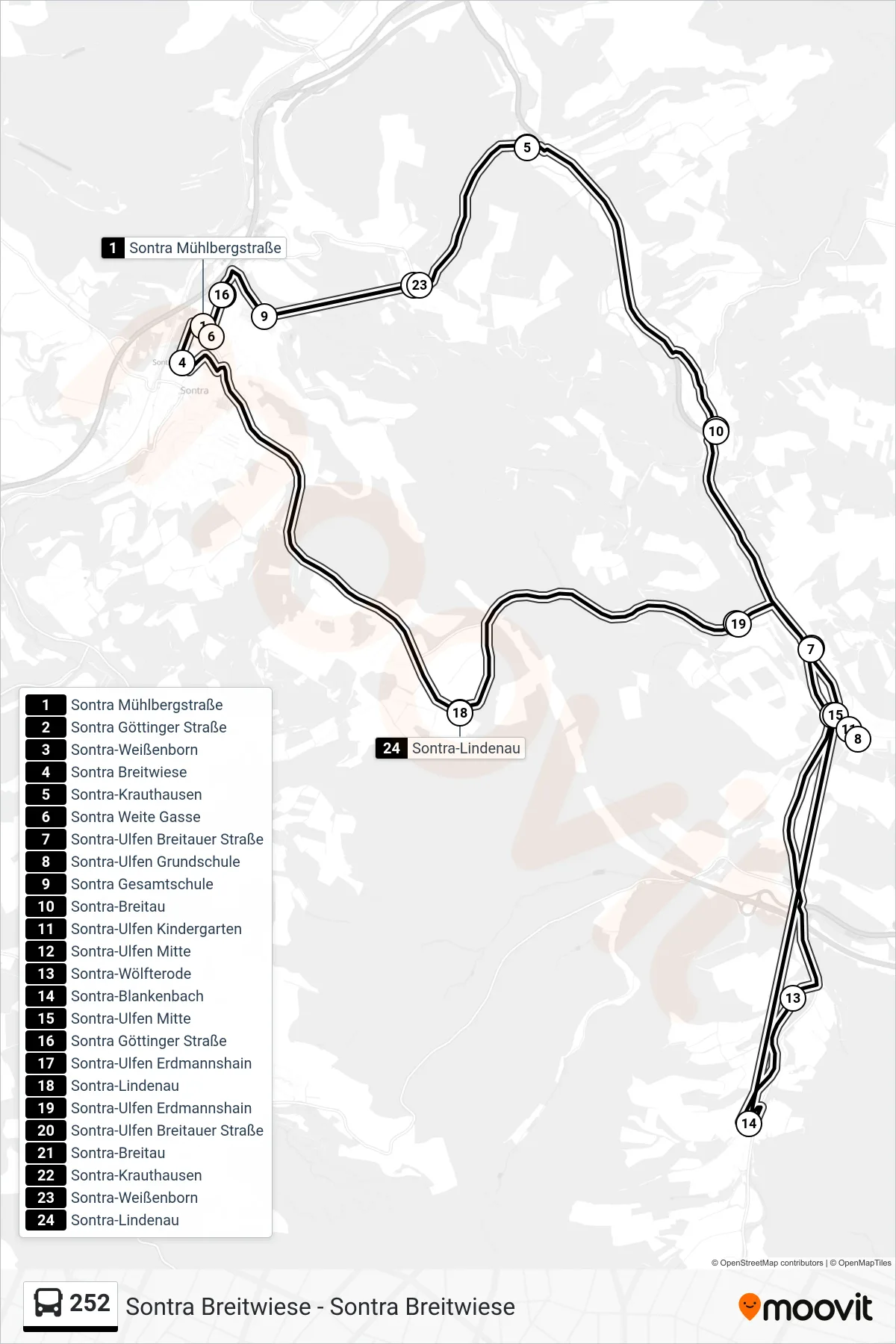 Linie 252 (Bus) Richtung Sontra Breitwiese: Route und Haltestellen auf der Karte