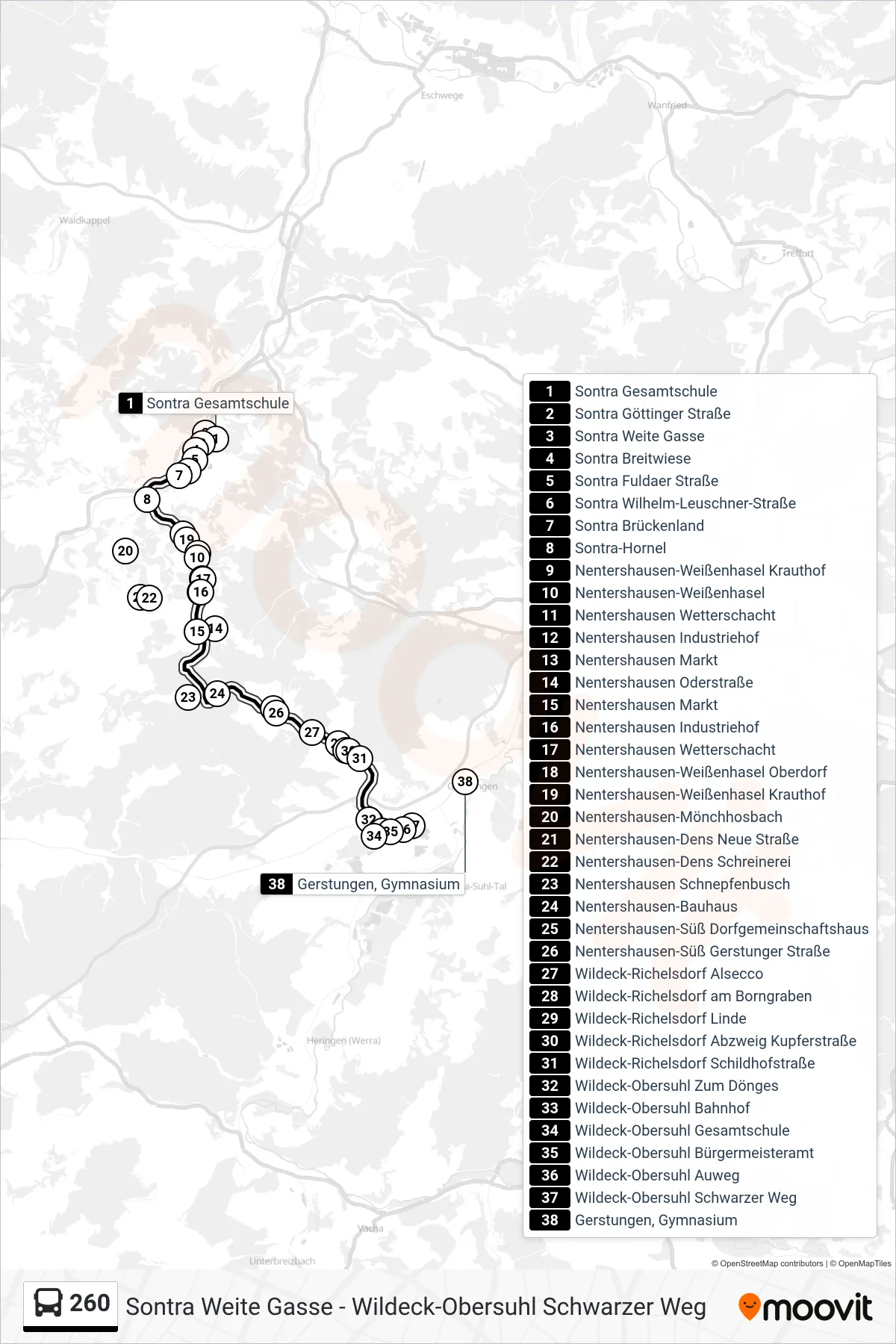 Linie 260 (Bus) Richtung Obersuhl: Route und Haltestellen auf der Karte