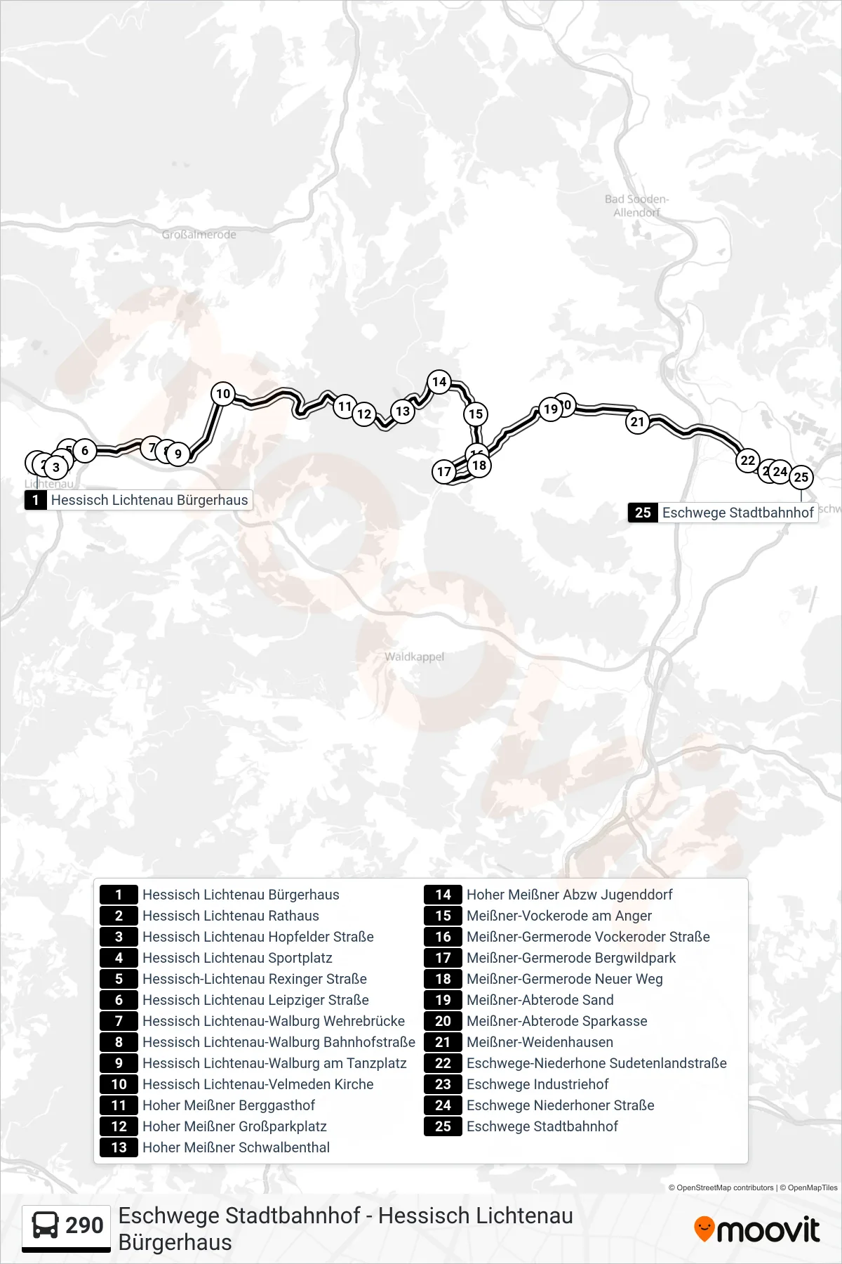 290 bus Line (Eschwege) route and stops on a map