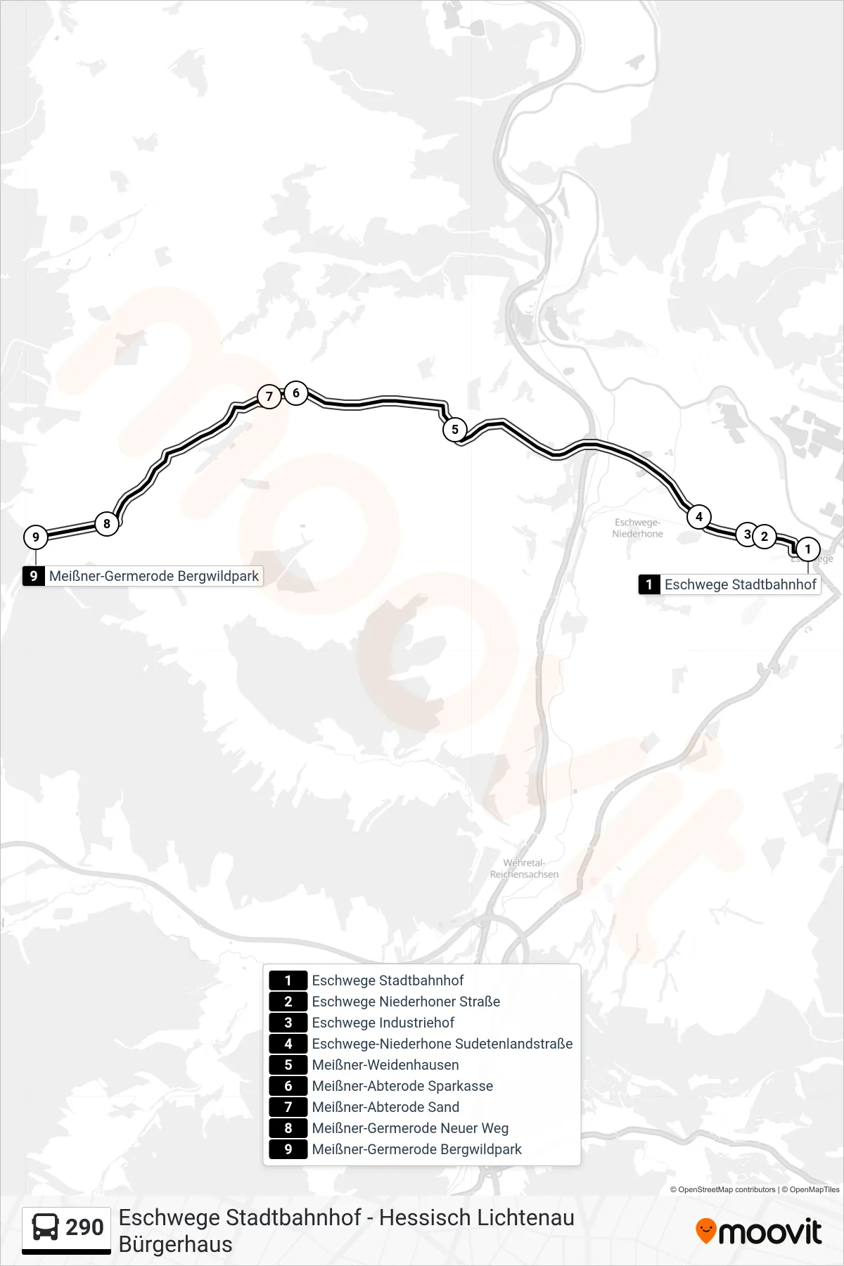 Linie 290 (Bus) Richtung Meißner-Germerode Bergwildpark: Route und Haltestellen auf der Karte