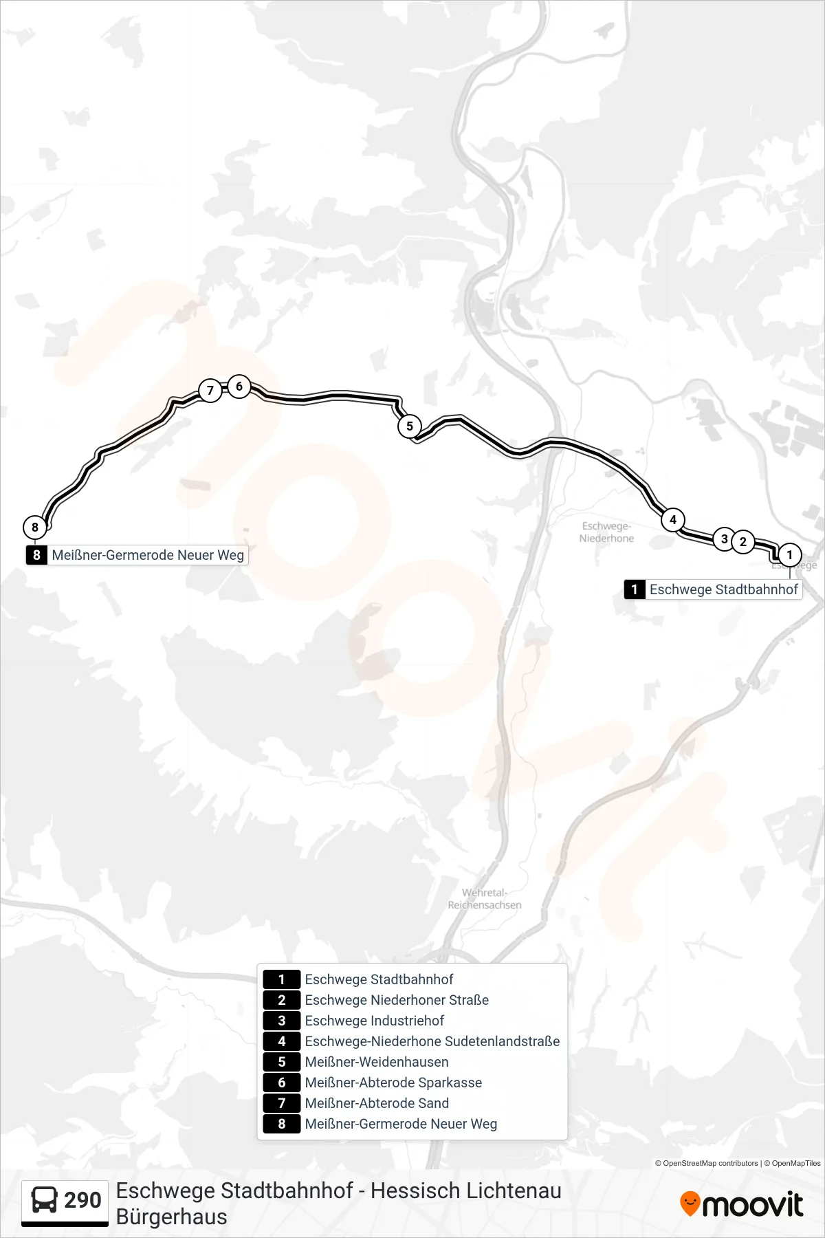 290 bus Line (Meißner-Germerode Neuer Weg) route and stops on a map