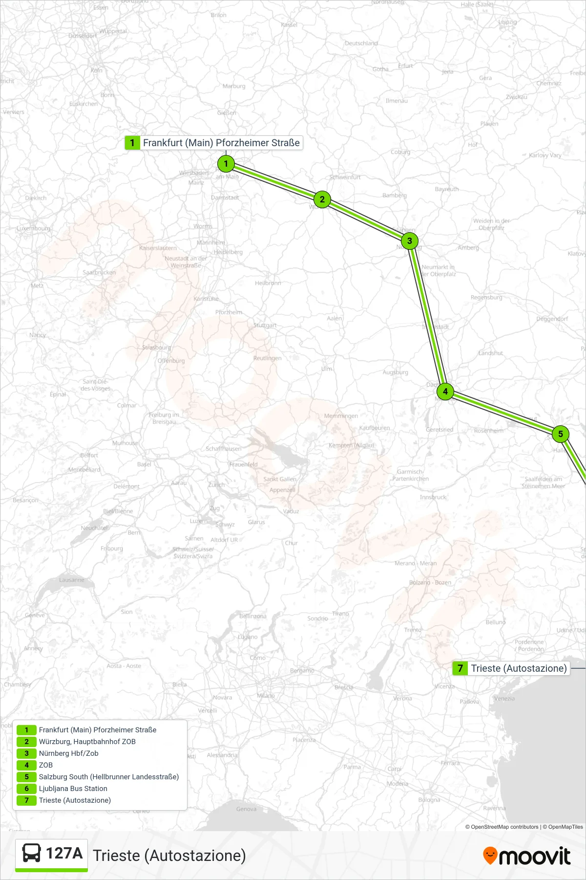 127A bus Line (Trieste (Autostazione)) route and stops on a map