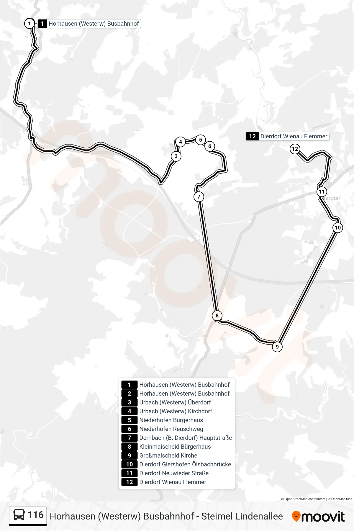 116 bus Line (Dierdorf Wienau Flemmer) route and stops on a map