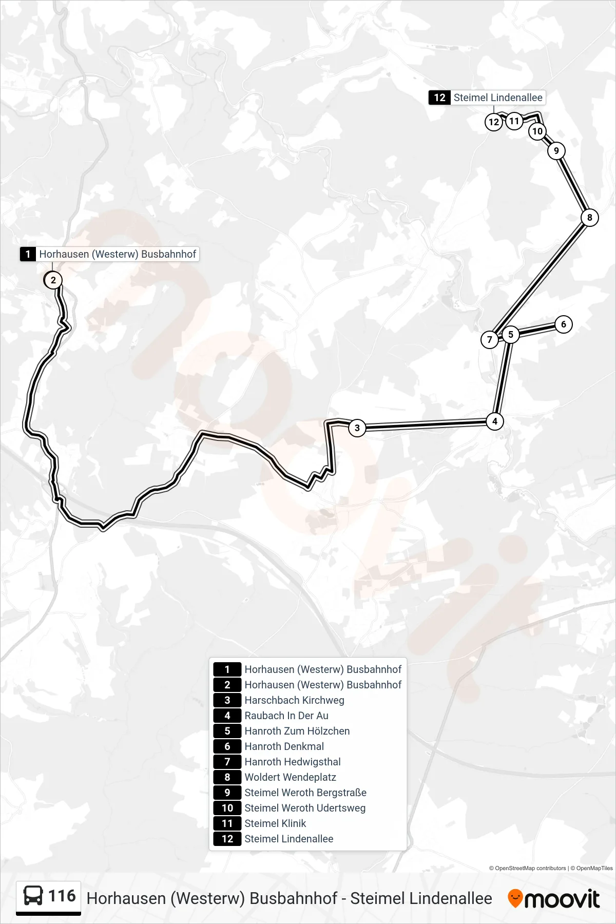 116 bus Line (Steimel Lindenallee) route and stops on a map