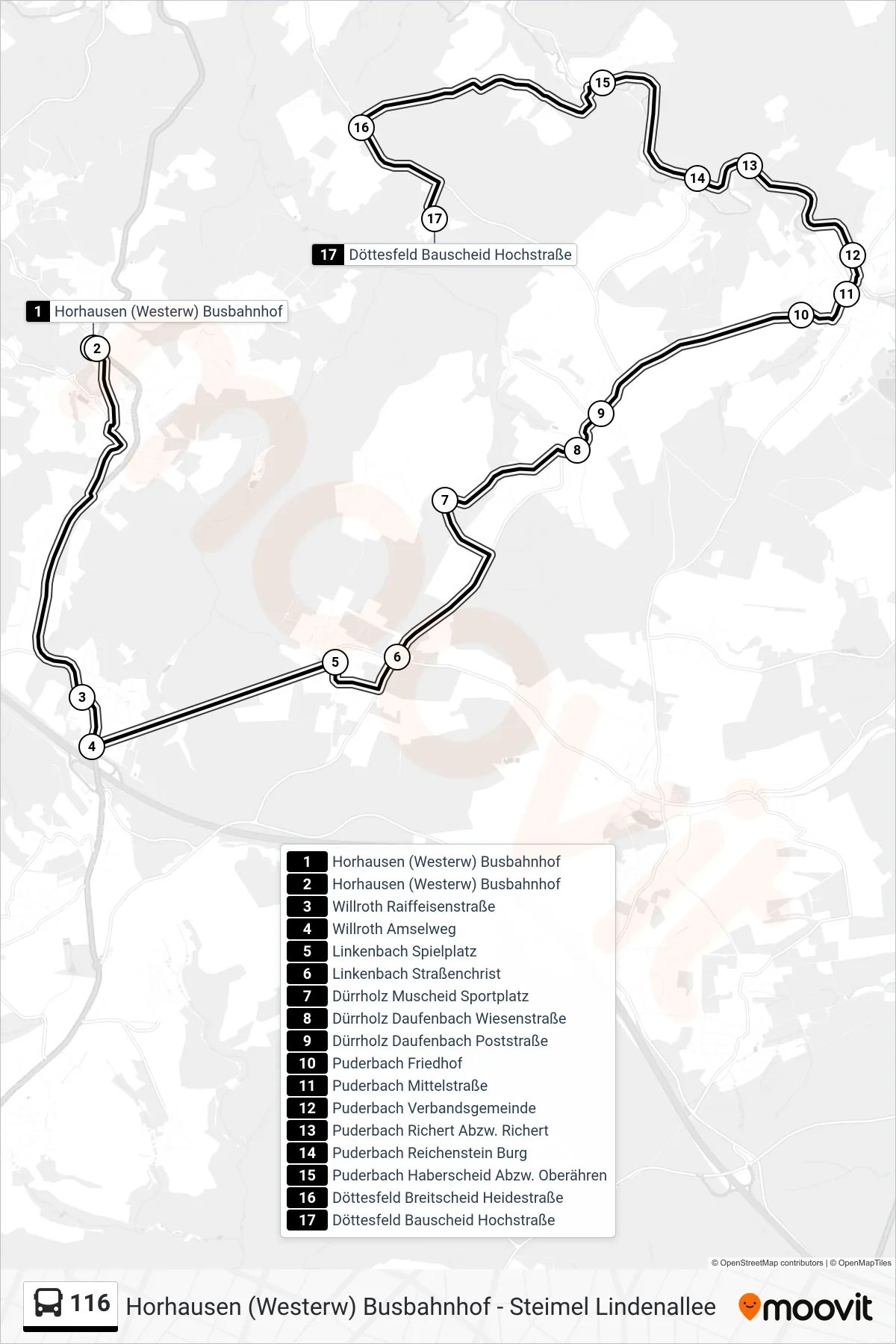 116 bus Line (Döttesfeld Bauscheid Hochstraße) route and stops on a map