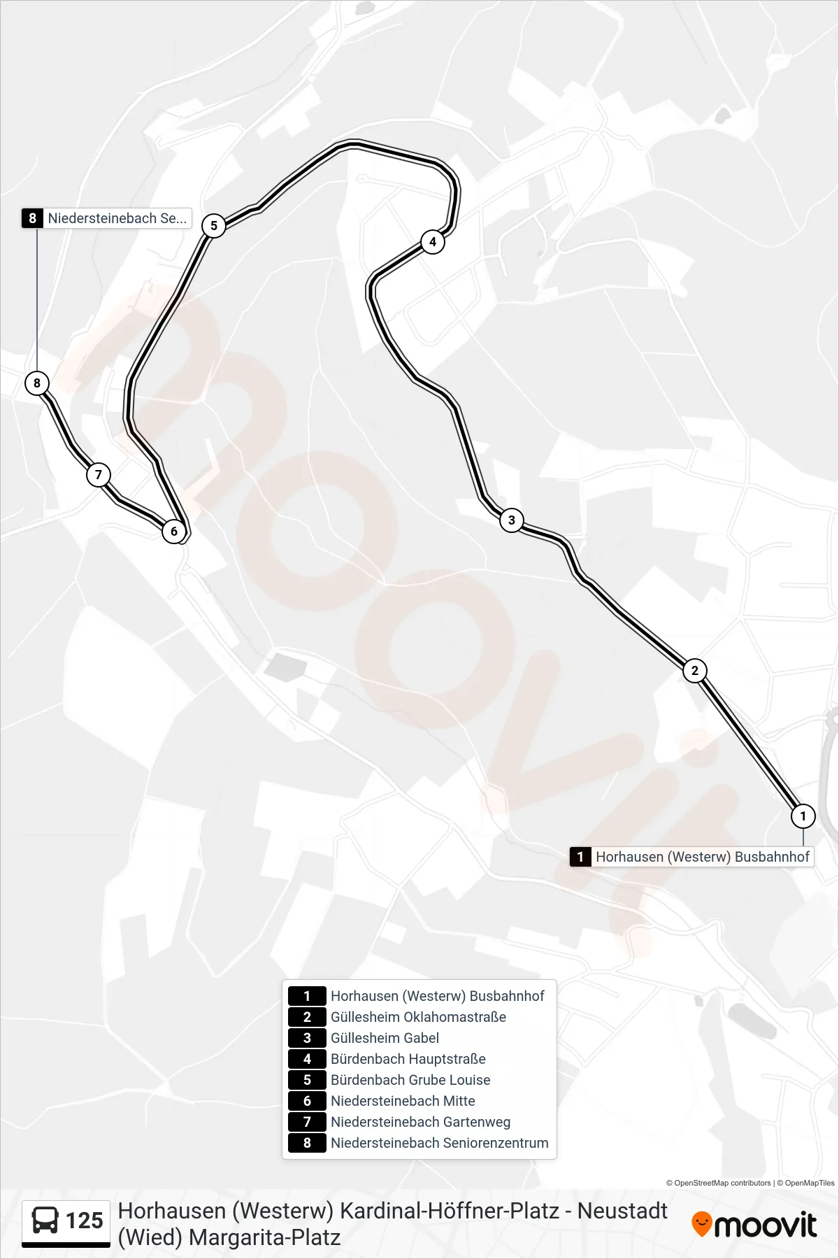 125 bus Line (Niedersteinebach Seniorenzentrum) route and stops on a map