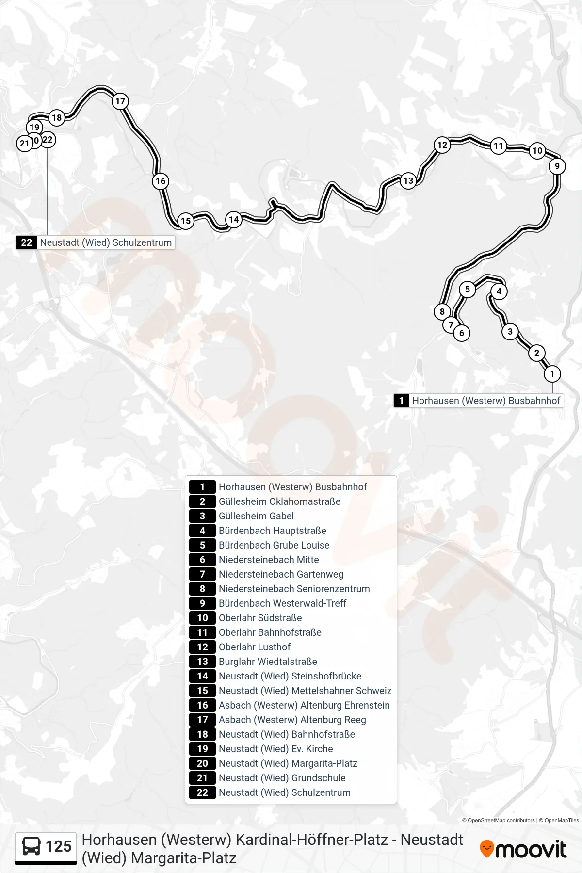 125 bus Line (Neustadt (Wied) Schulzentrum) route and stops on a map