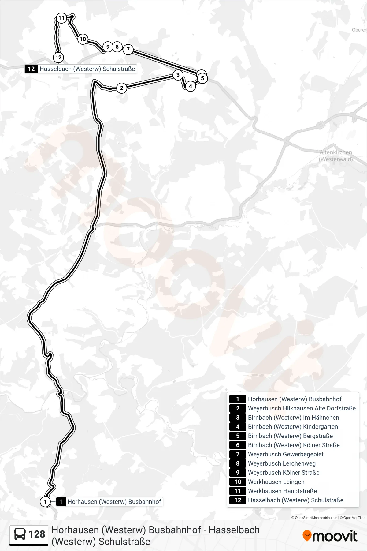 128 bus Line (Hasselbach (Westerw) Schulstraße) route and stops on a map