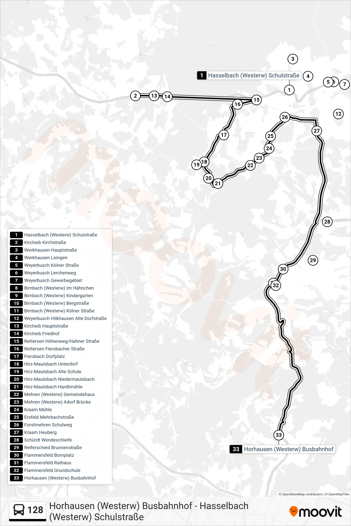 128 bus Line (Horhausen (Westerw) Busbahnhof) route and stops on a map