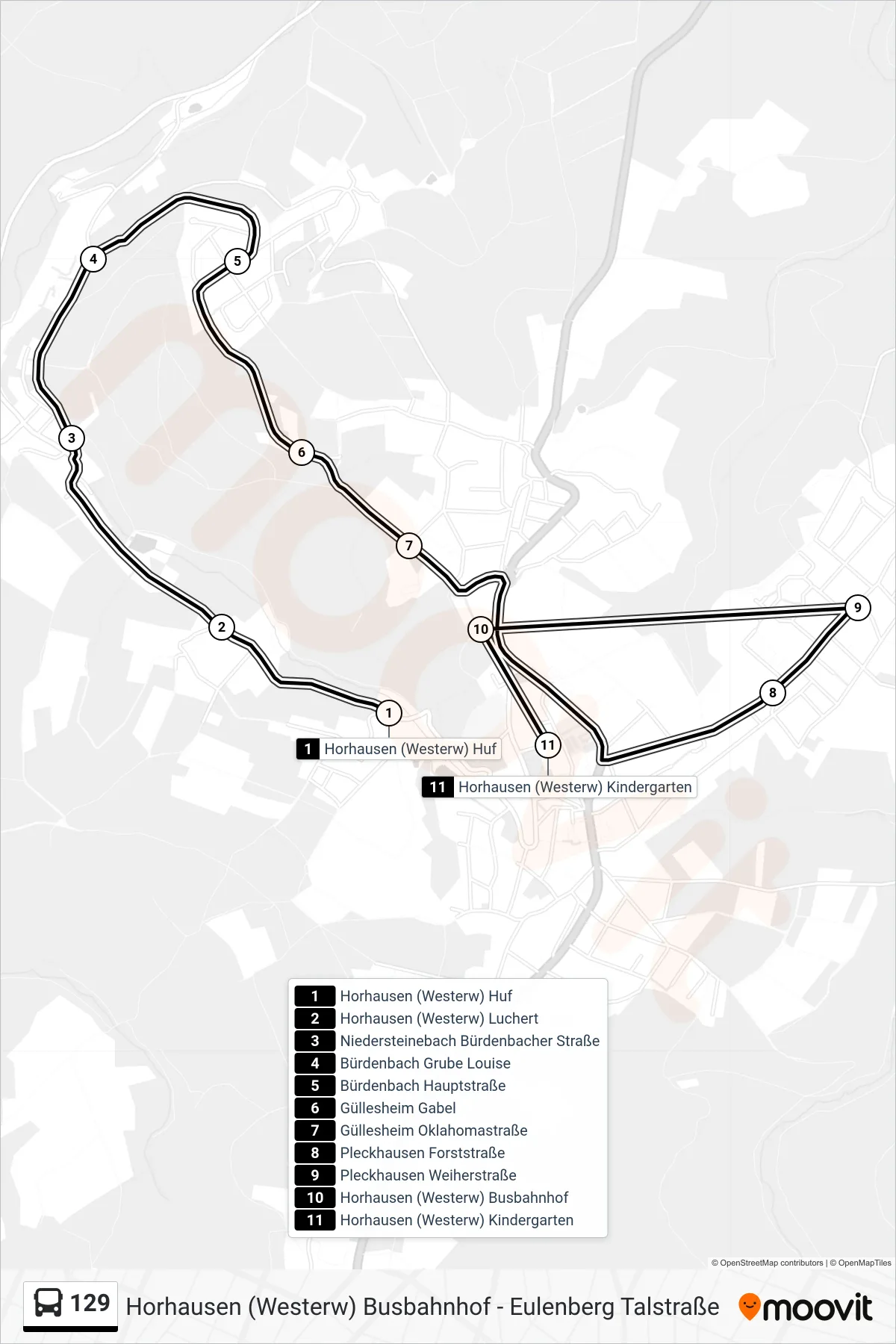 129 bus Line (Horhausen (Westerw) Kindergarten) route and stops on a map