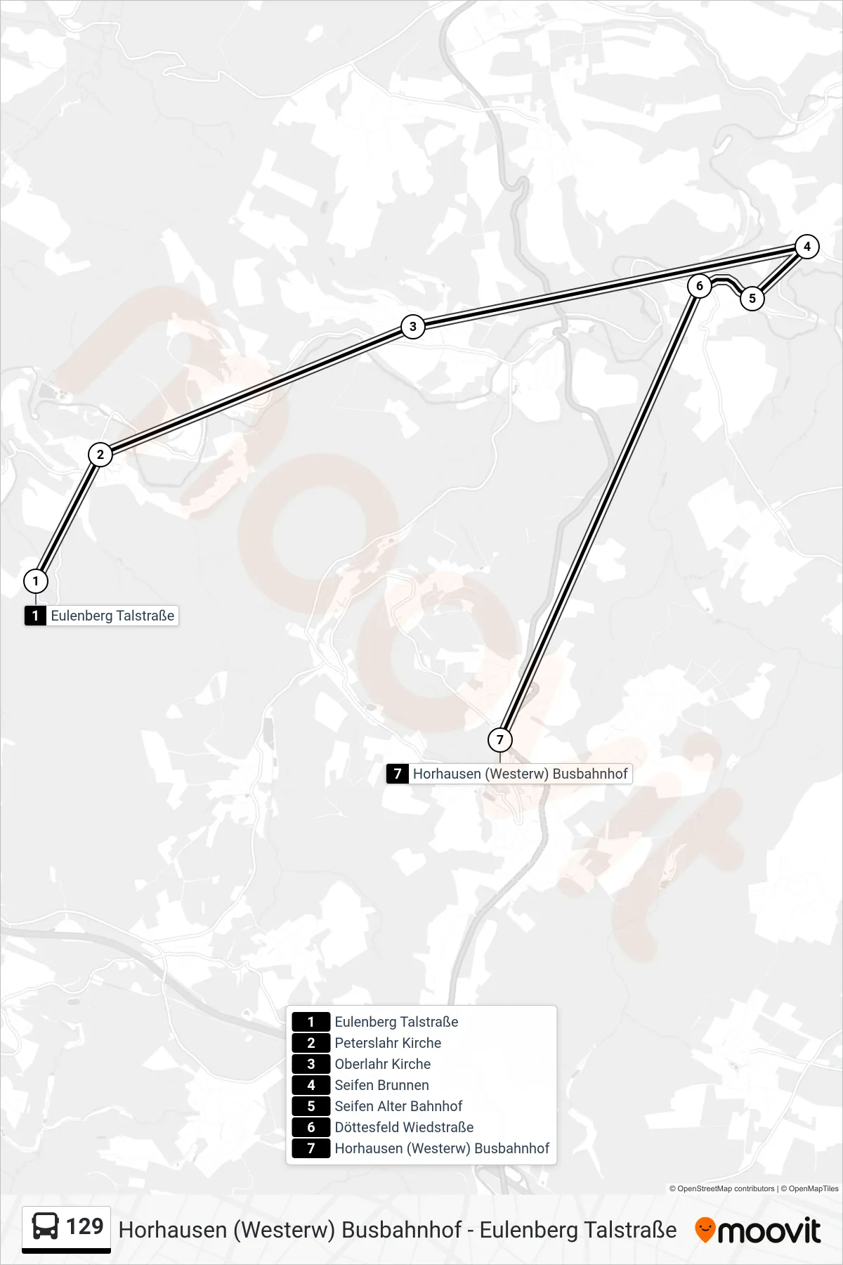 129 bus Line (Horhausen (Westerw) Busbahnhof) route and stops on a map