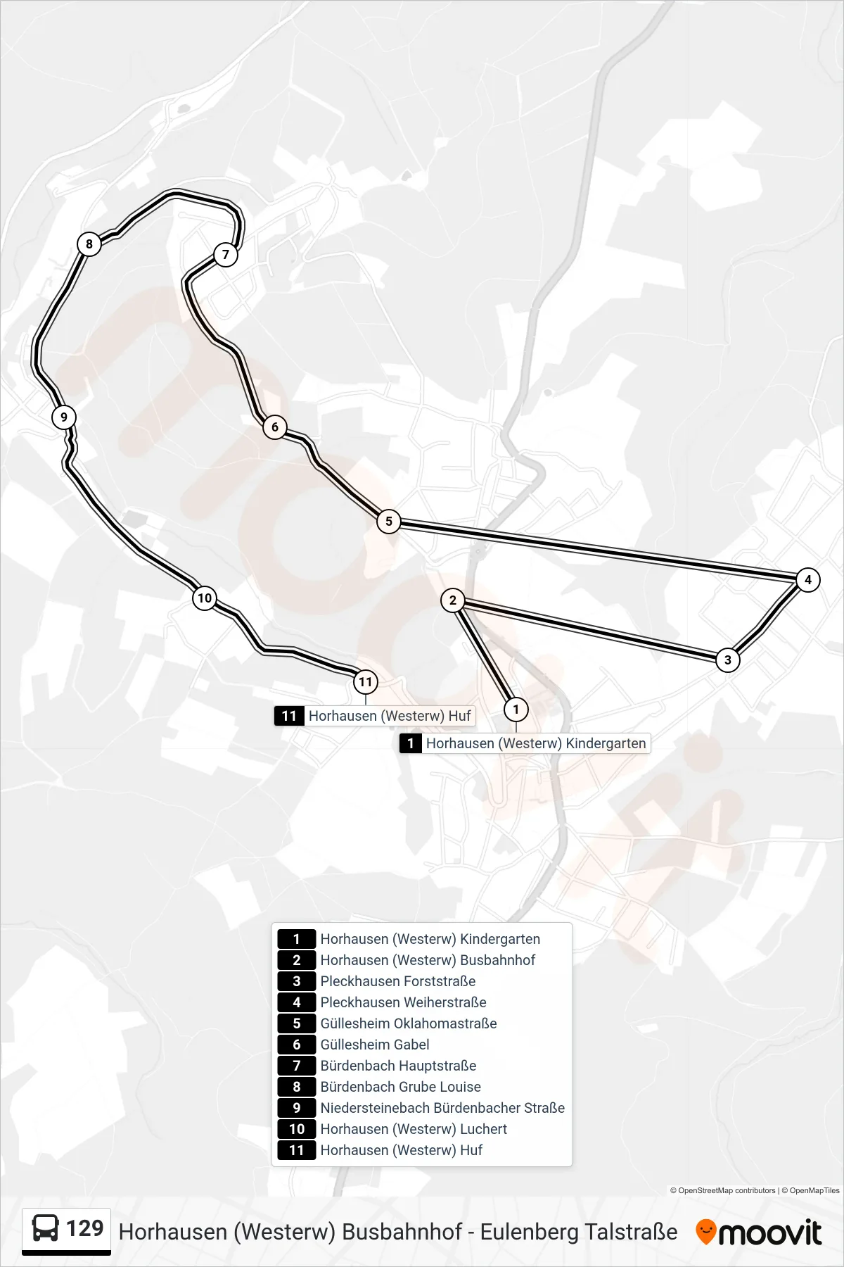 129 bus Line (Horhausen (Westerw) Huf) route and stops on a map