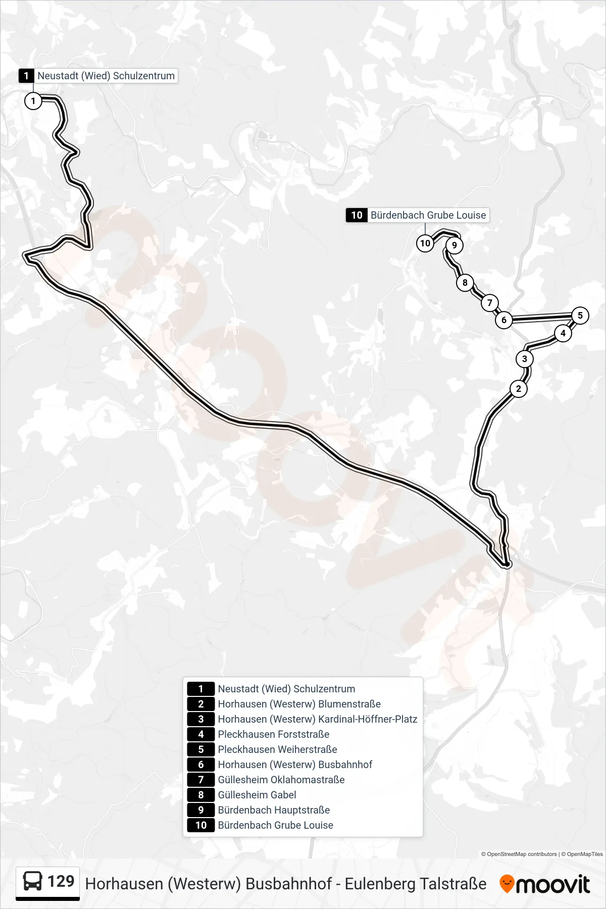129 bus Line (Bürdenbach Grube Louise) route and stops on a map