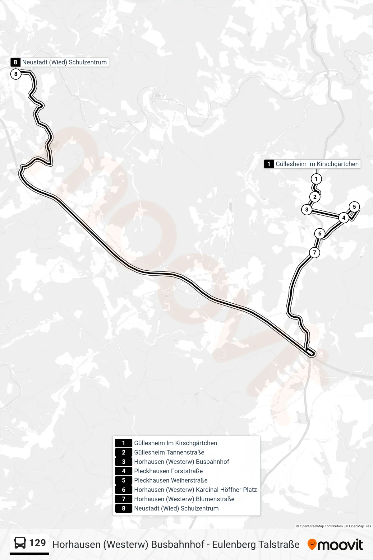 129 bus Line (Neustadt (Wied) Schulzentrum) route and stops on a map