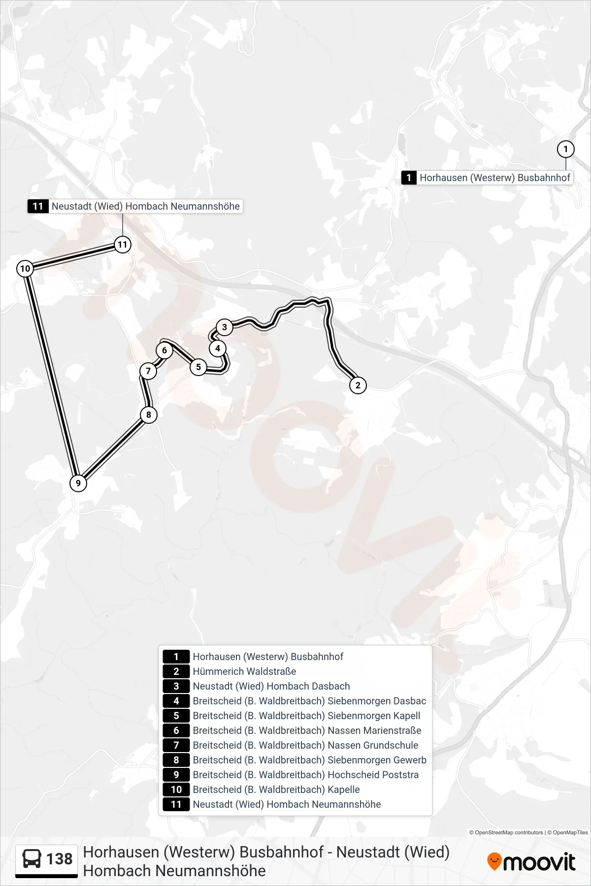 138 bus Line (Neustadt (Wied) Hombach Neumannshöhe) route and stops on a map