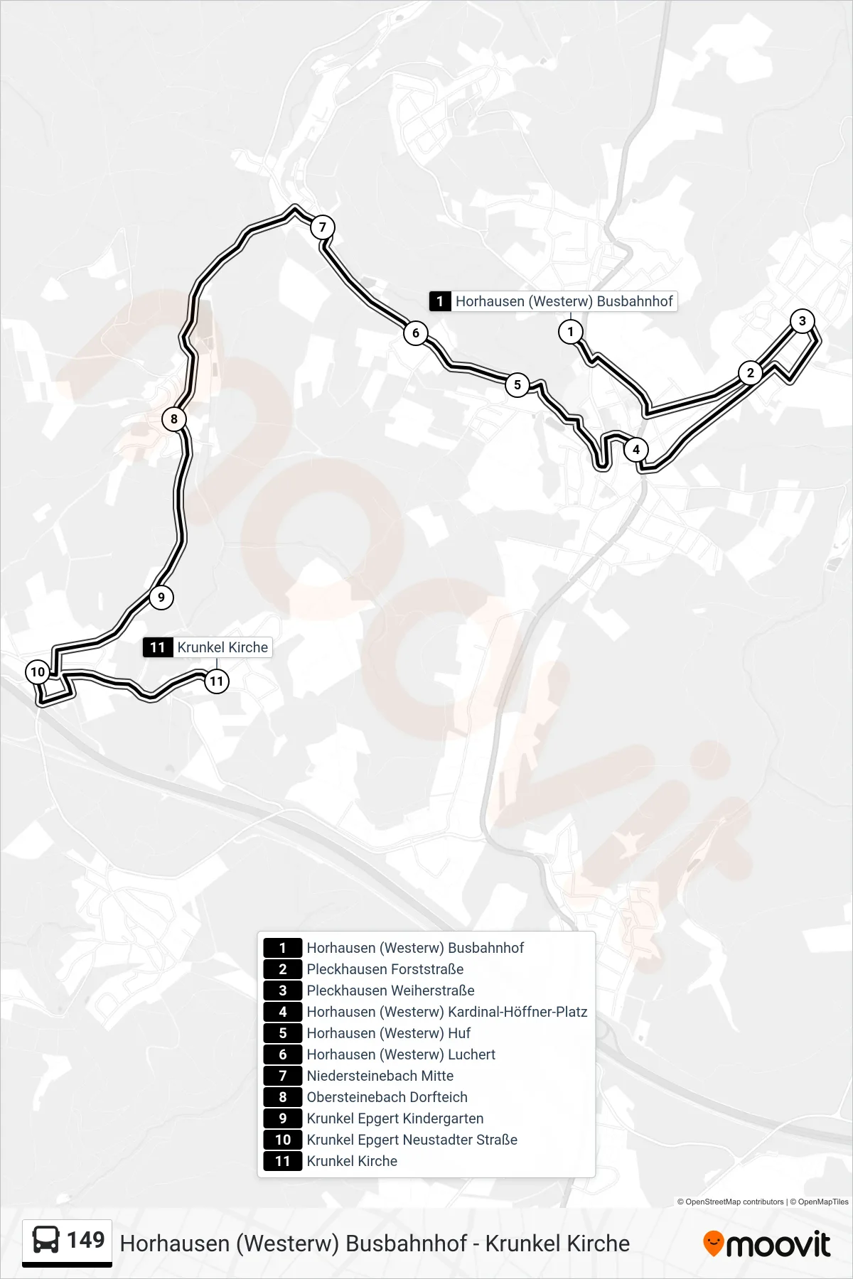 149 bus Line (Krunkel Kirche) route and stops on a map
