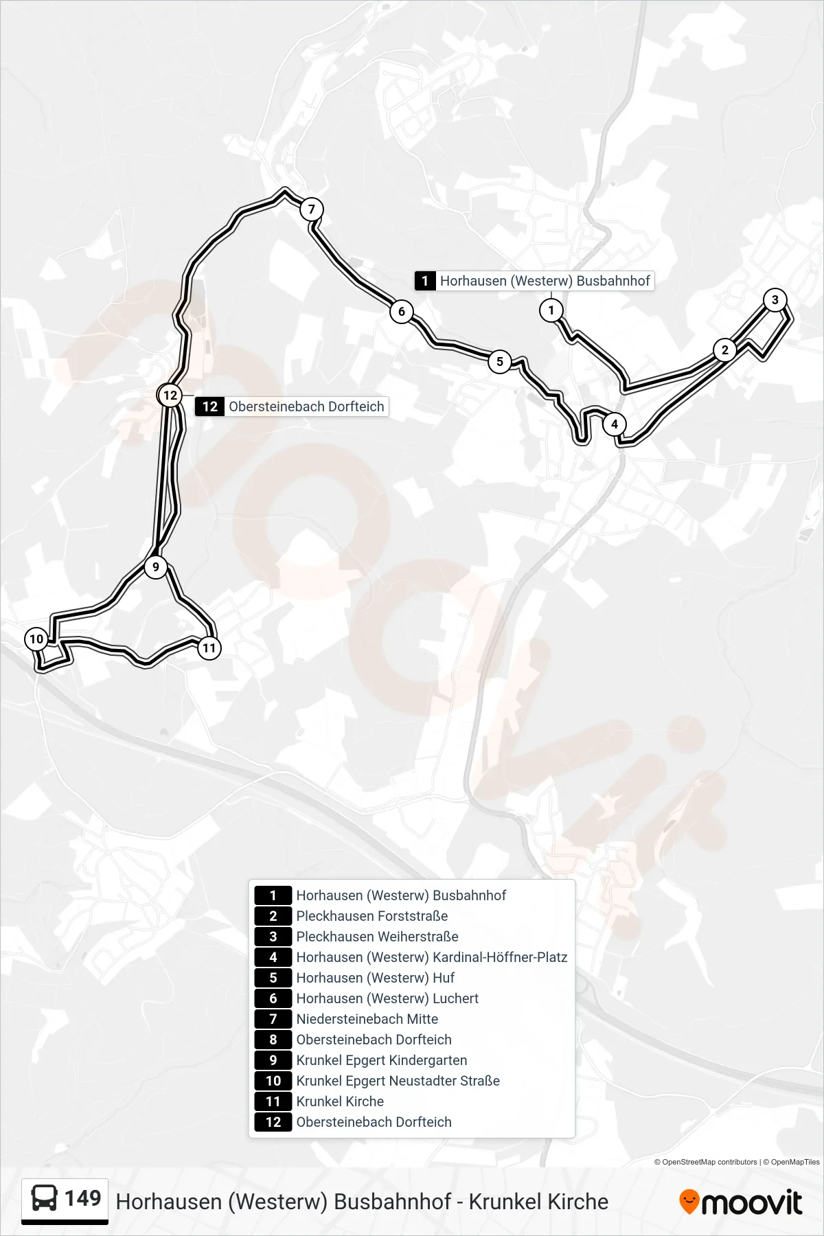 149 bus Line (Obersteinebach Dorfteich) route and stops on a map