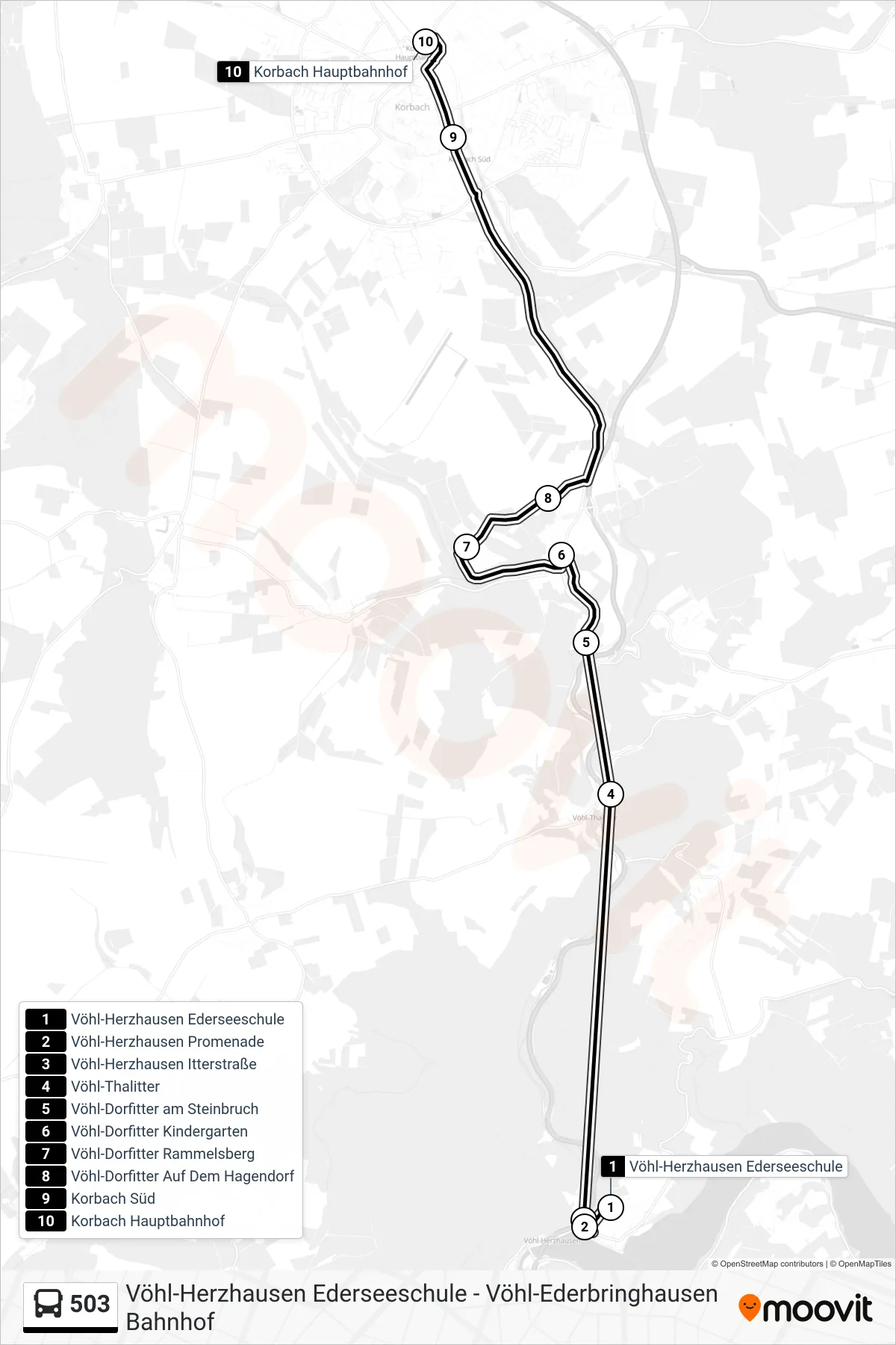 503 bus Line (Korbach, Hauptbahnhof) route and stops on a map