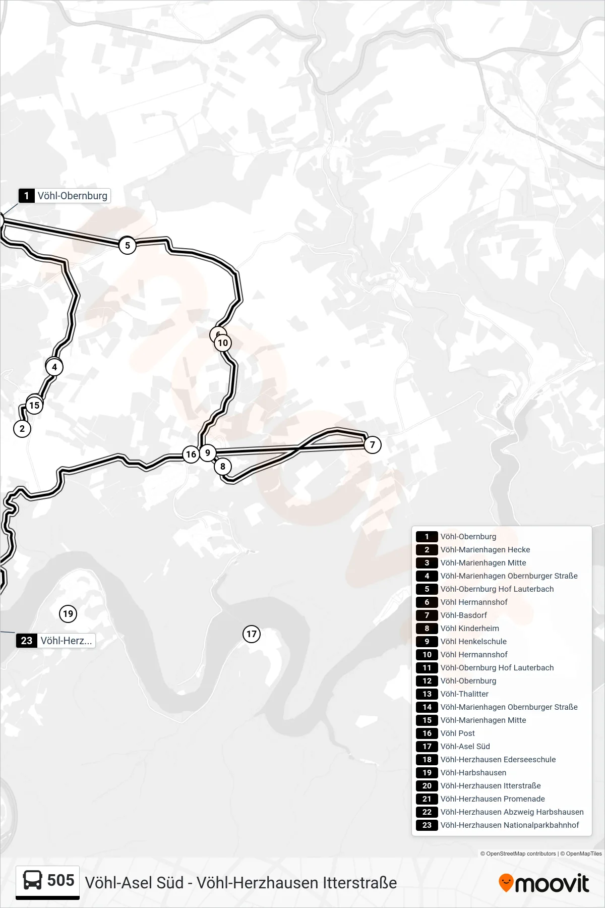 505 bus Line (Herzhausen) route and stops on a map