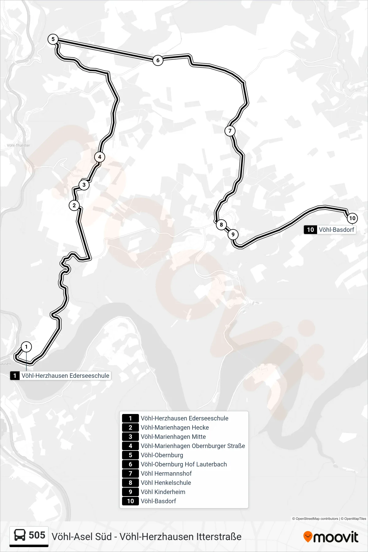 505 bus Line (Vöhl-Basdorf) route and stops on a map