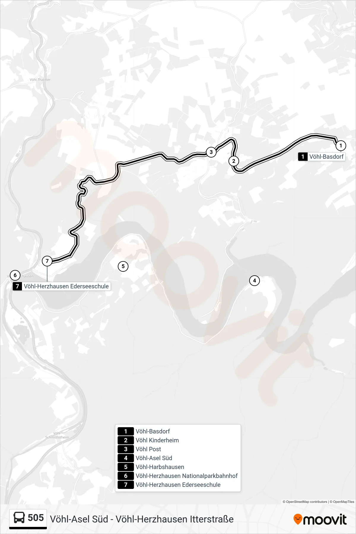 505 bus Line (Vöhl-Herzhausen) route and stops on a map