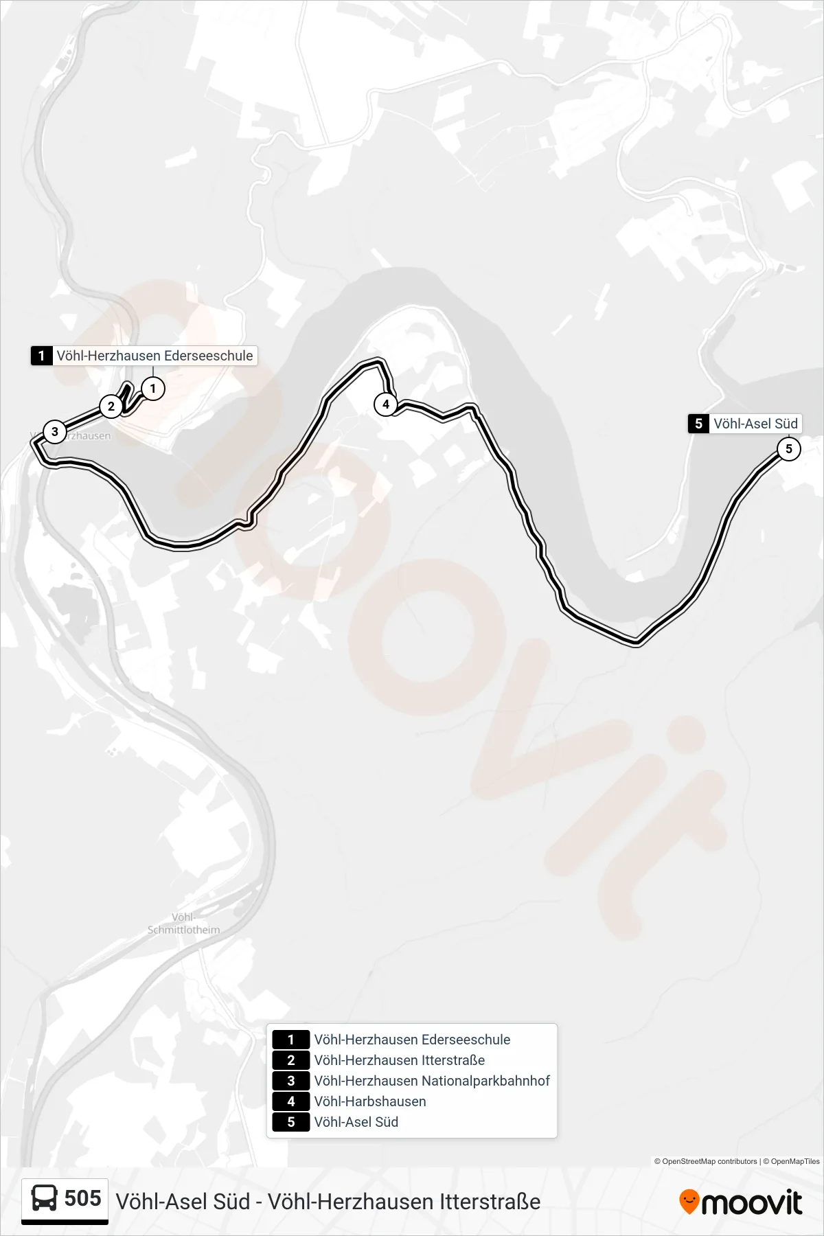 505 bus Line (Asel Süd) route and stops on a map