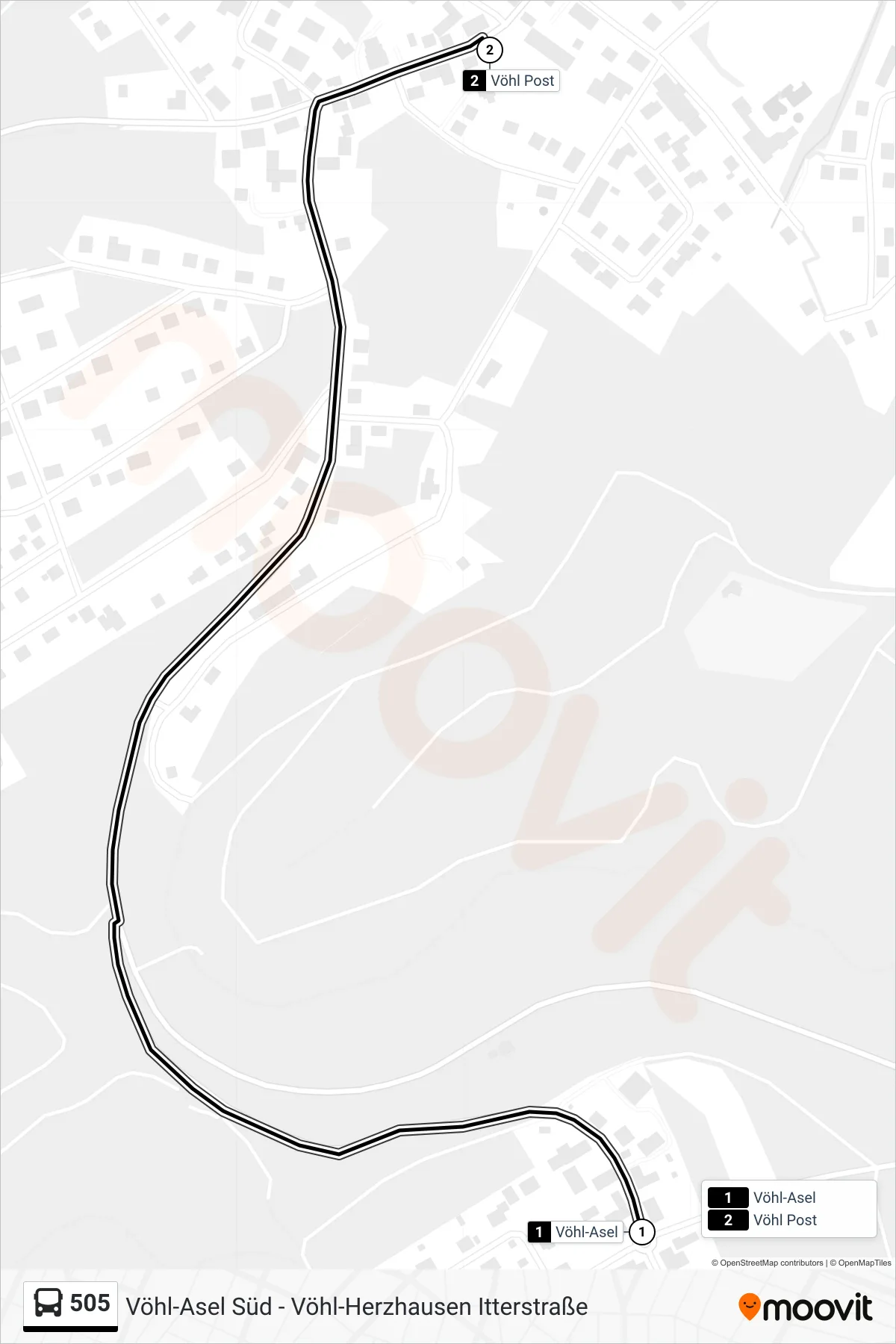 505 bus Line (Vöhl, Post) route and stops on a map