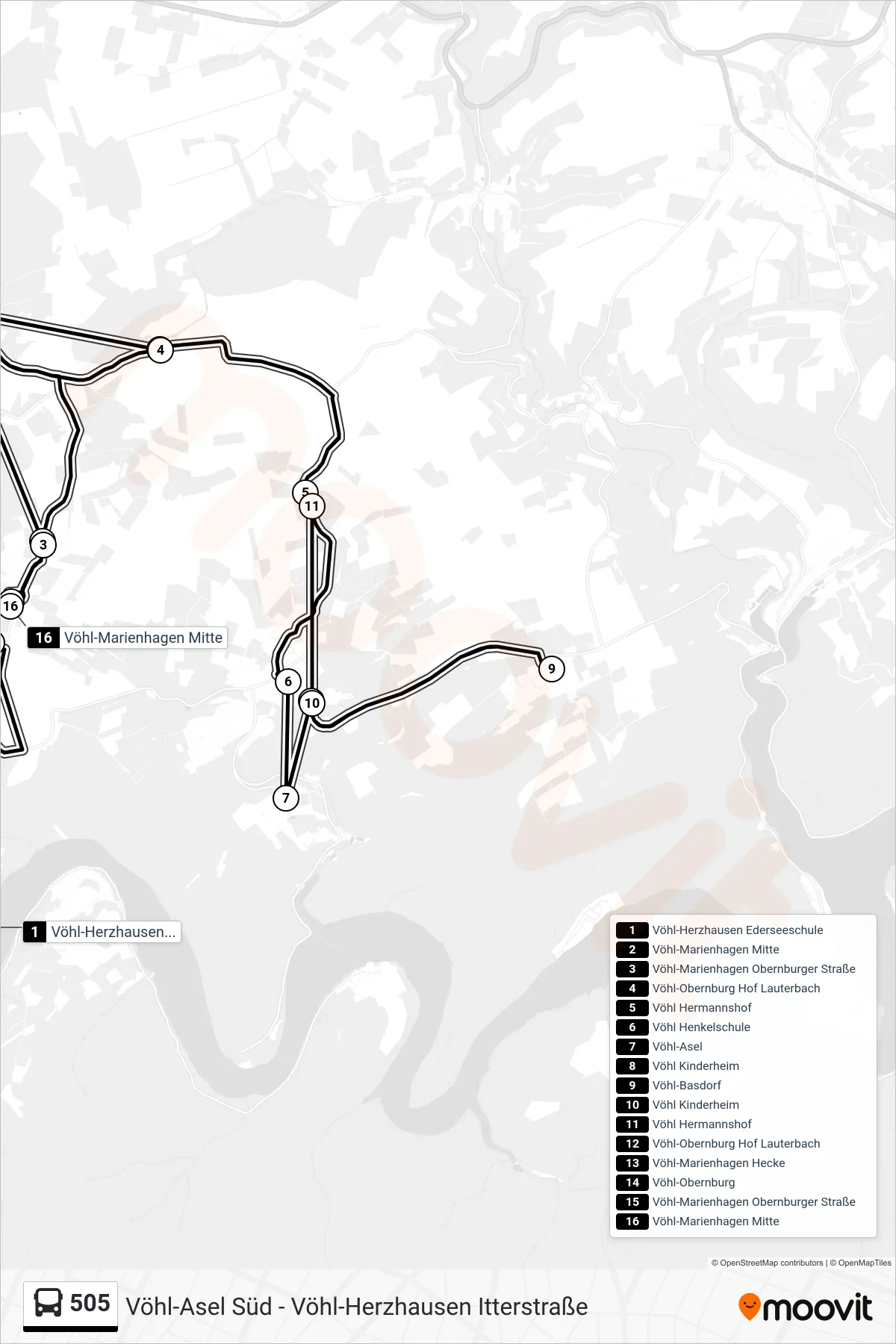 505 bus Line (Vöhl-Marienhagen) route and stops on a map