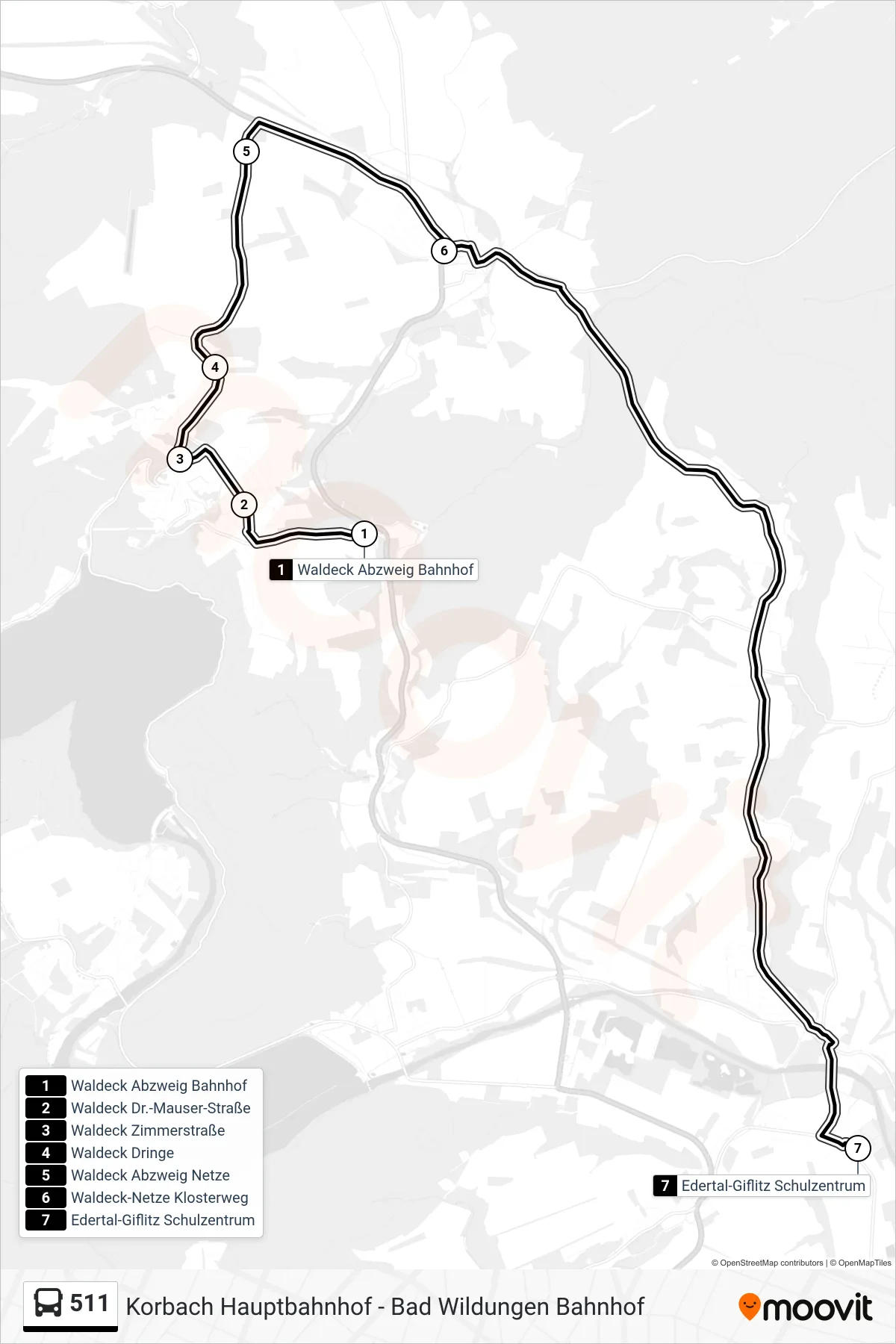 511 bus Line (Giflitz Schulzentrum) route and stops on a map