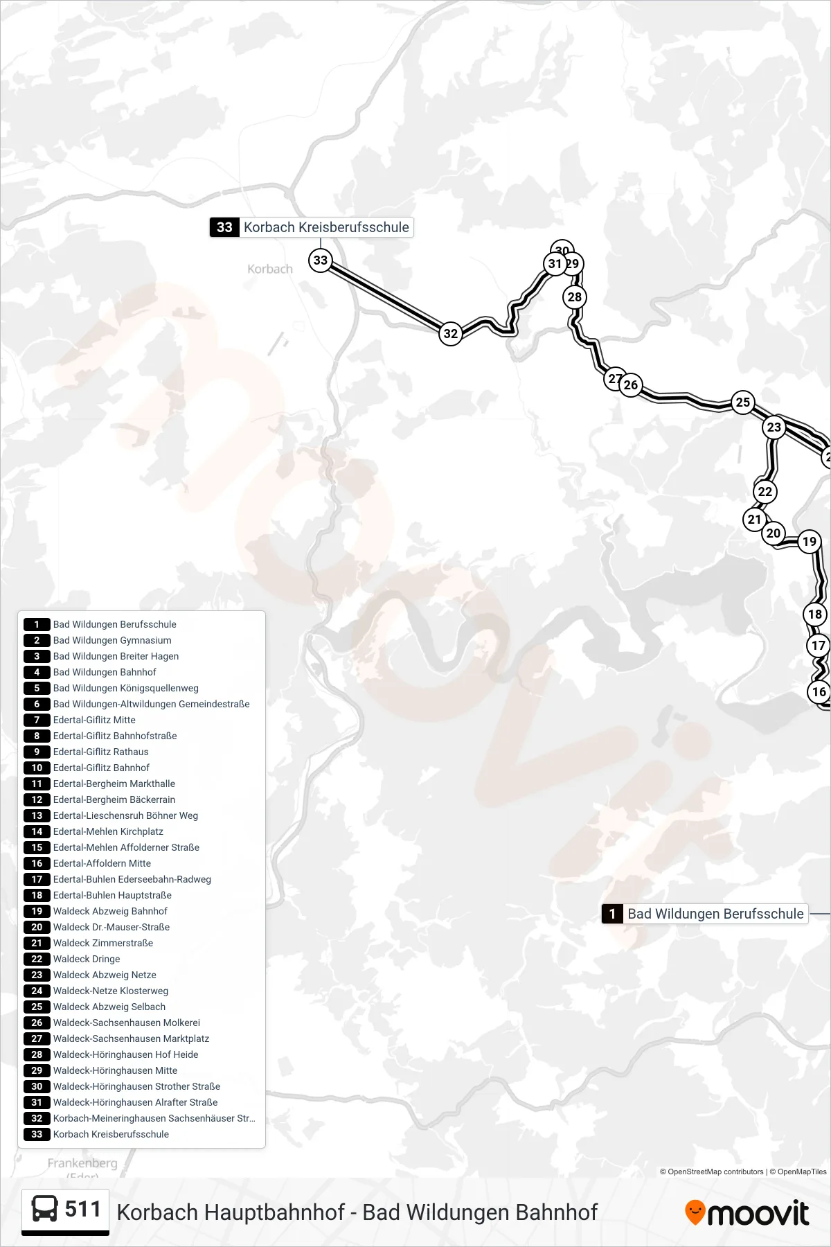 511 bus Line (Korbach Kreisberufsschule) route and stops on a map