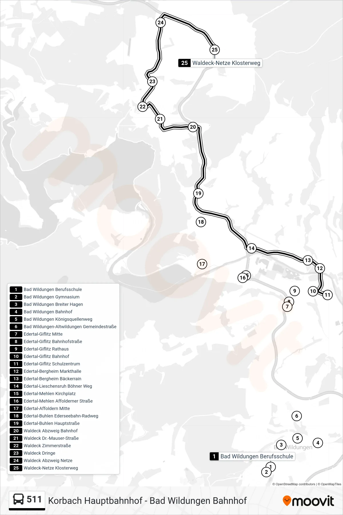 Linie 511 (Bus) Richtung Waldeck Netze: Route und Haltestellen auf der Karte