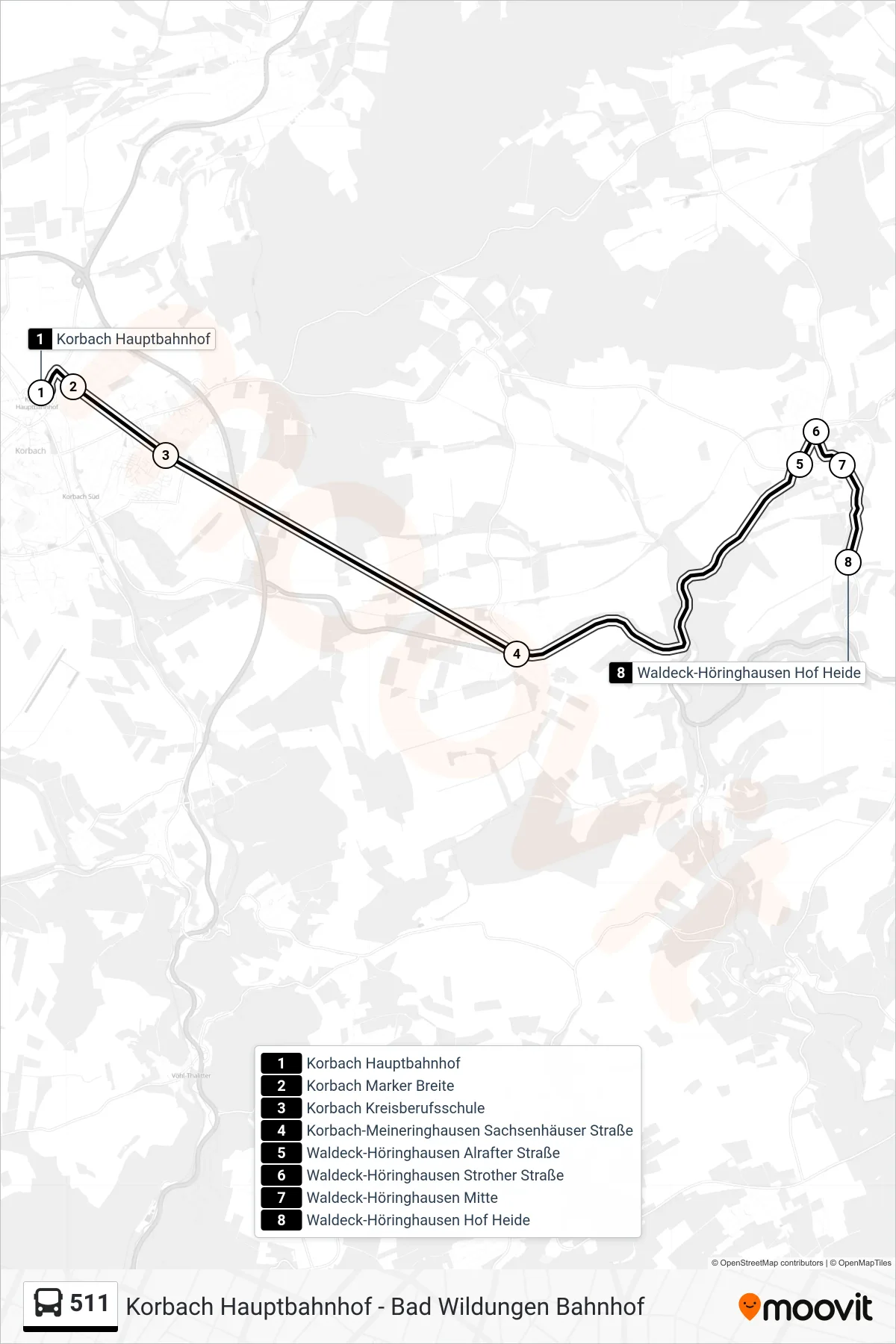 511 bus Line (Höringhausen) route and stops on a map