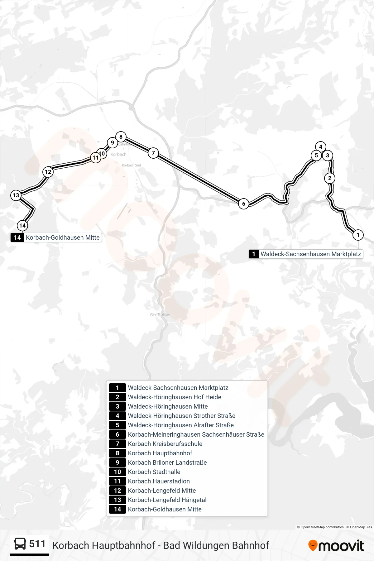 511 bus Line (Goldhausen) route and stops on a map