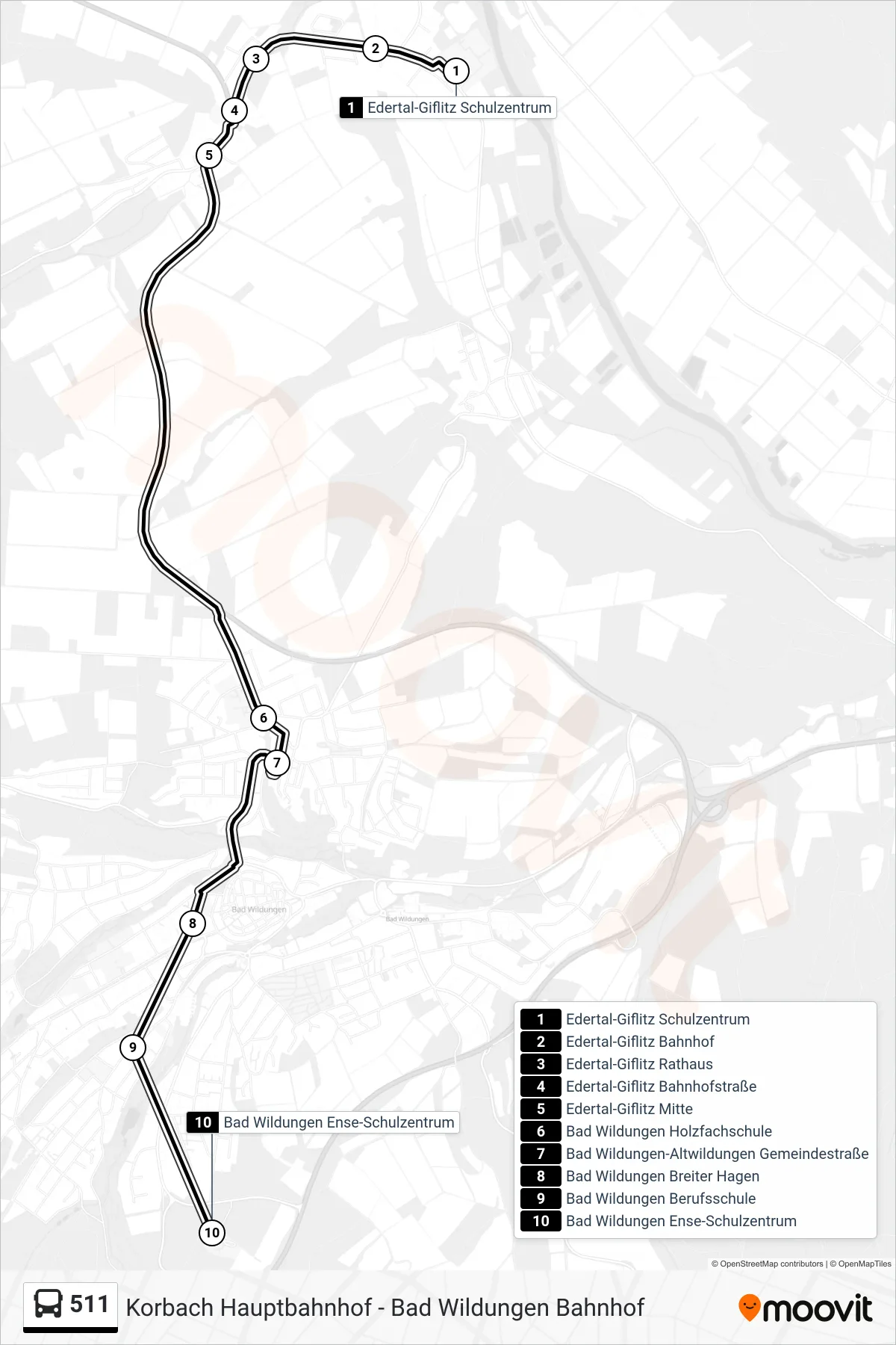 511 bus Line (Bad Wildungen Ense Via Bhf) route and stops on a map